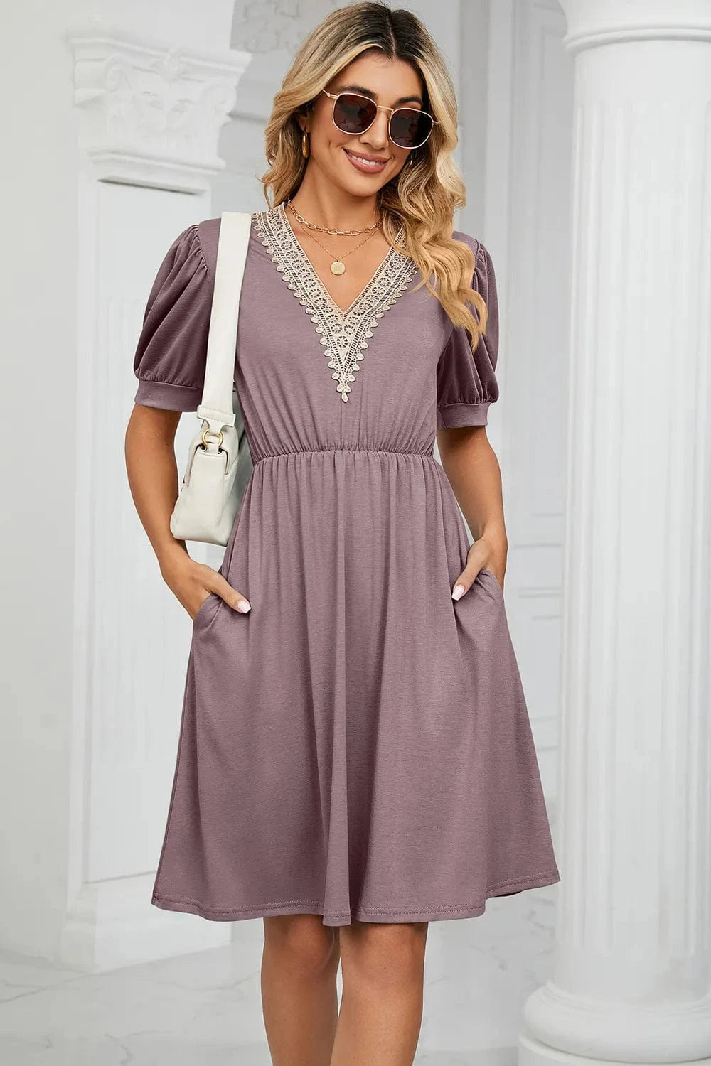 V - Neck Puff Sleeve Dress - ShalayeFashion