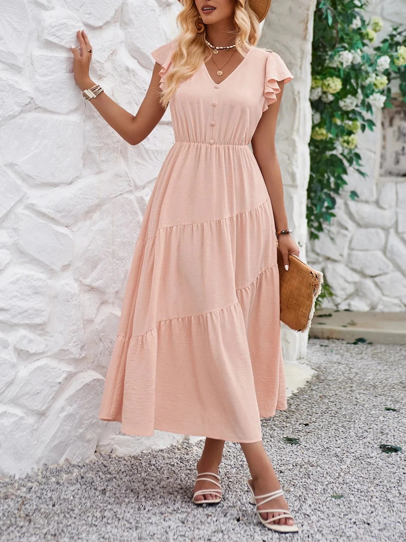 V - Neck Ruffle Sleeve Dress - ShalayeFashion