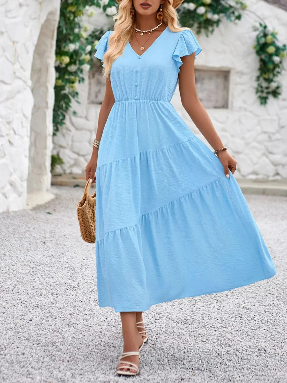 V - Neck Ruffle Sleeve Dress - ShalayeFashion