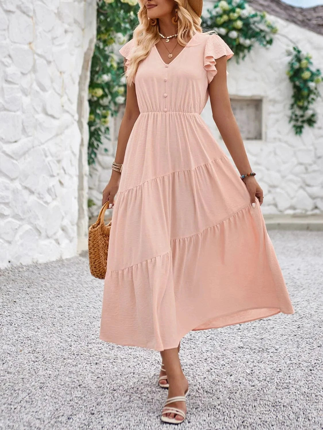 V - Neck Ruffle Sleeve Dress - ShalayeFashion