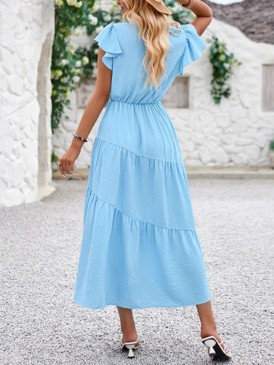 V - Neck Ruffle Sleeve Dress - ShalayeFashion