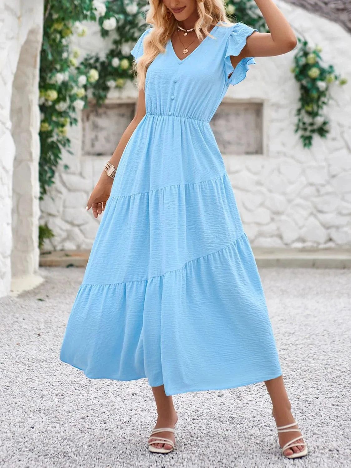 V - Neck Ruffle Sleeve Dress - ShalayeFashion