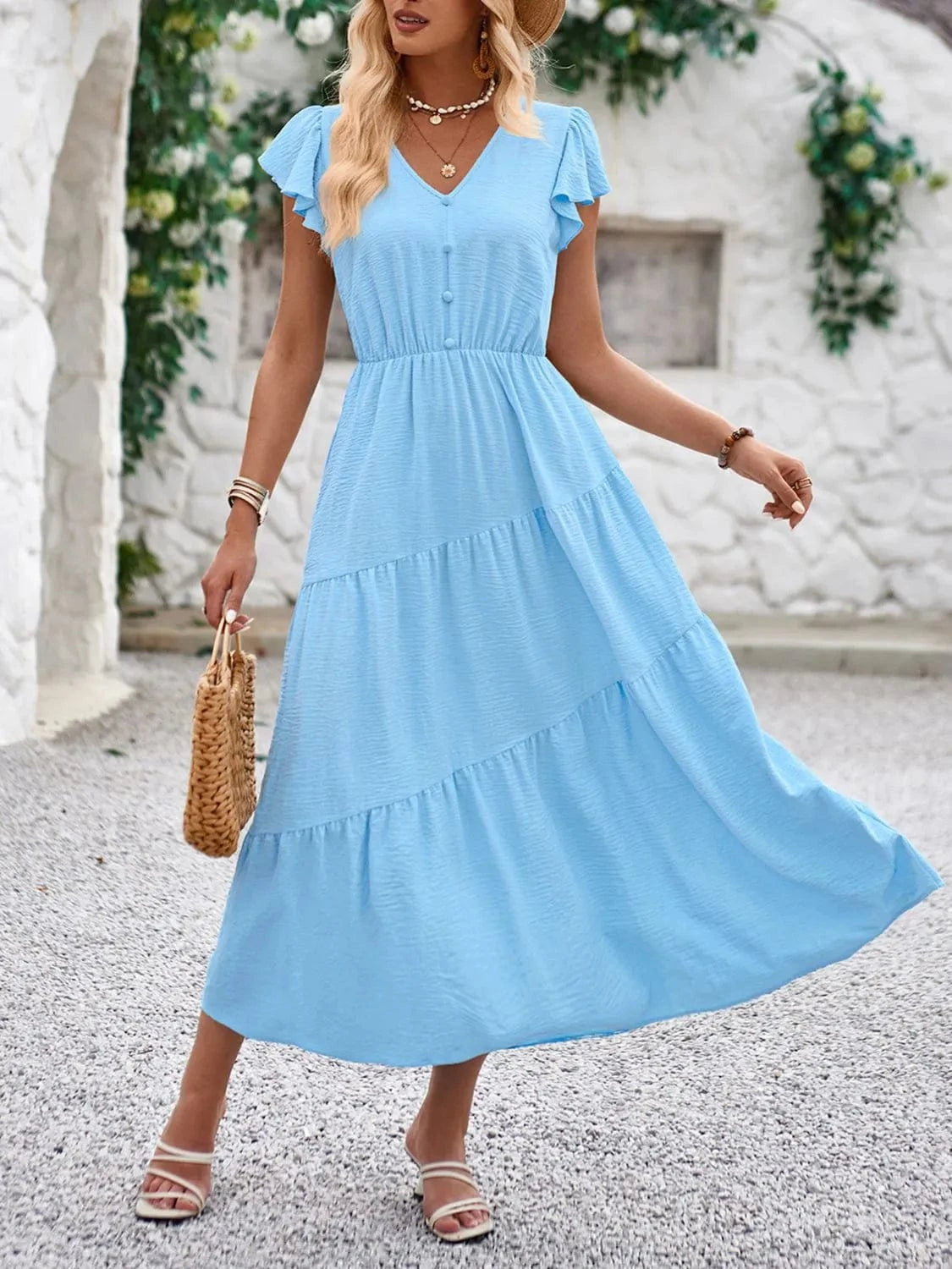 V - Neck Ruffle Sleeve Dress - ShalayeFashion