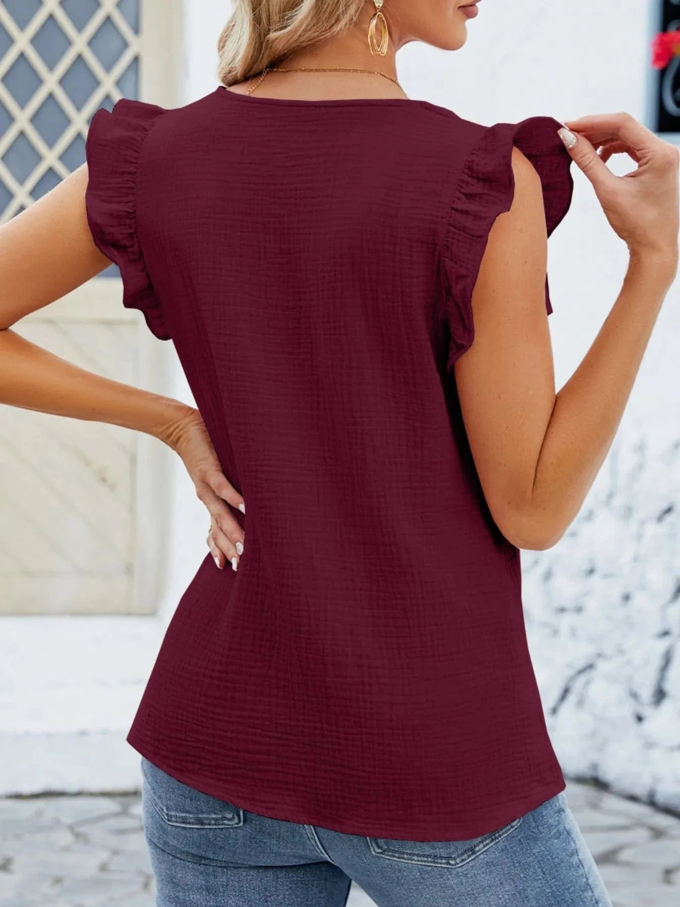 V - Neck Ruffled Sleeve Top - ShalayeFashion