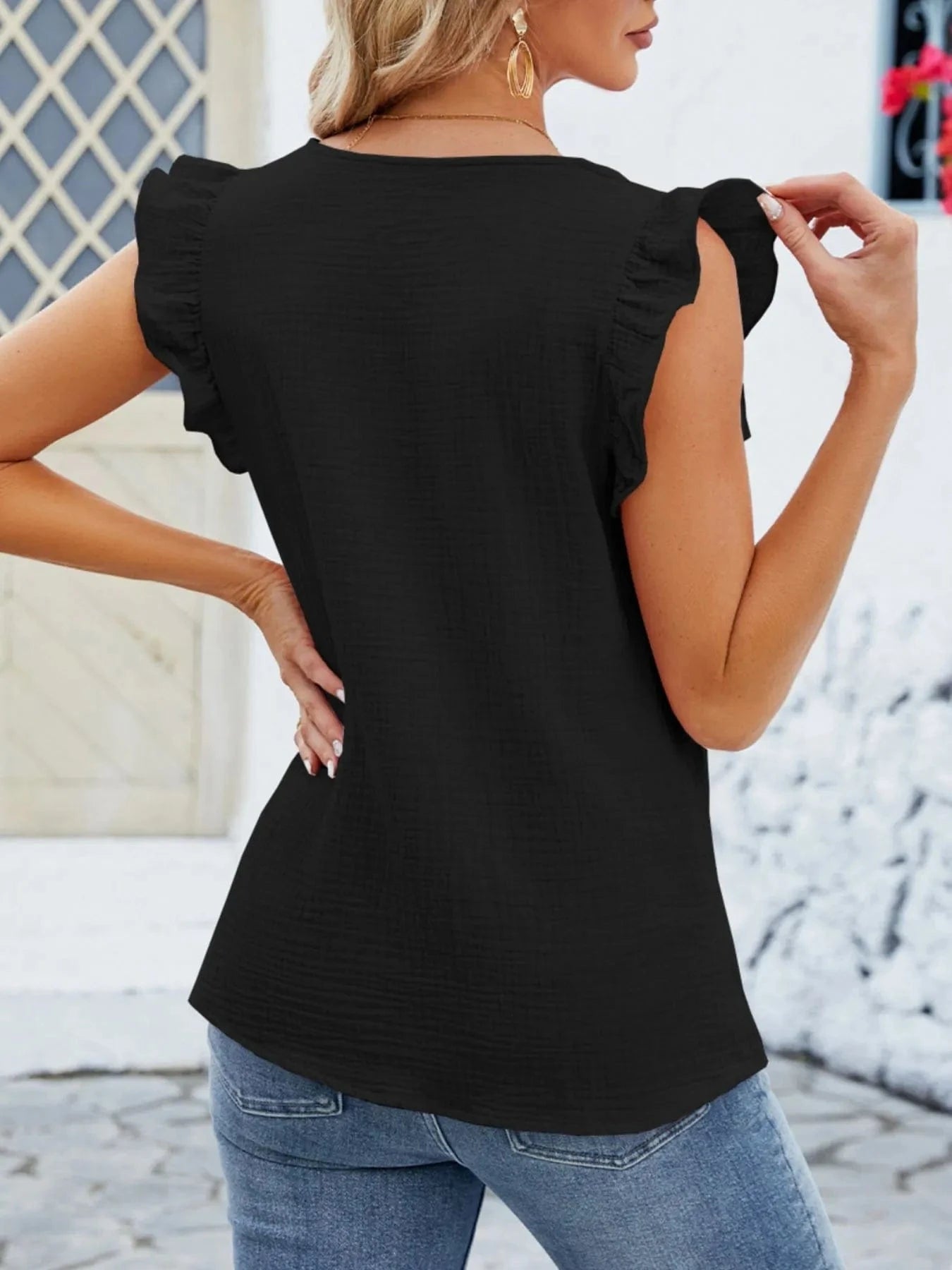 V - Neck Ruffled Sleeve Top - ShalayeFashion