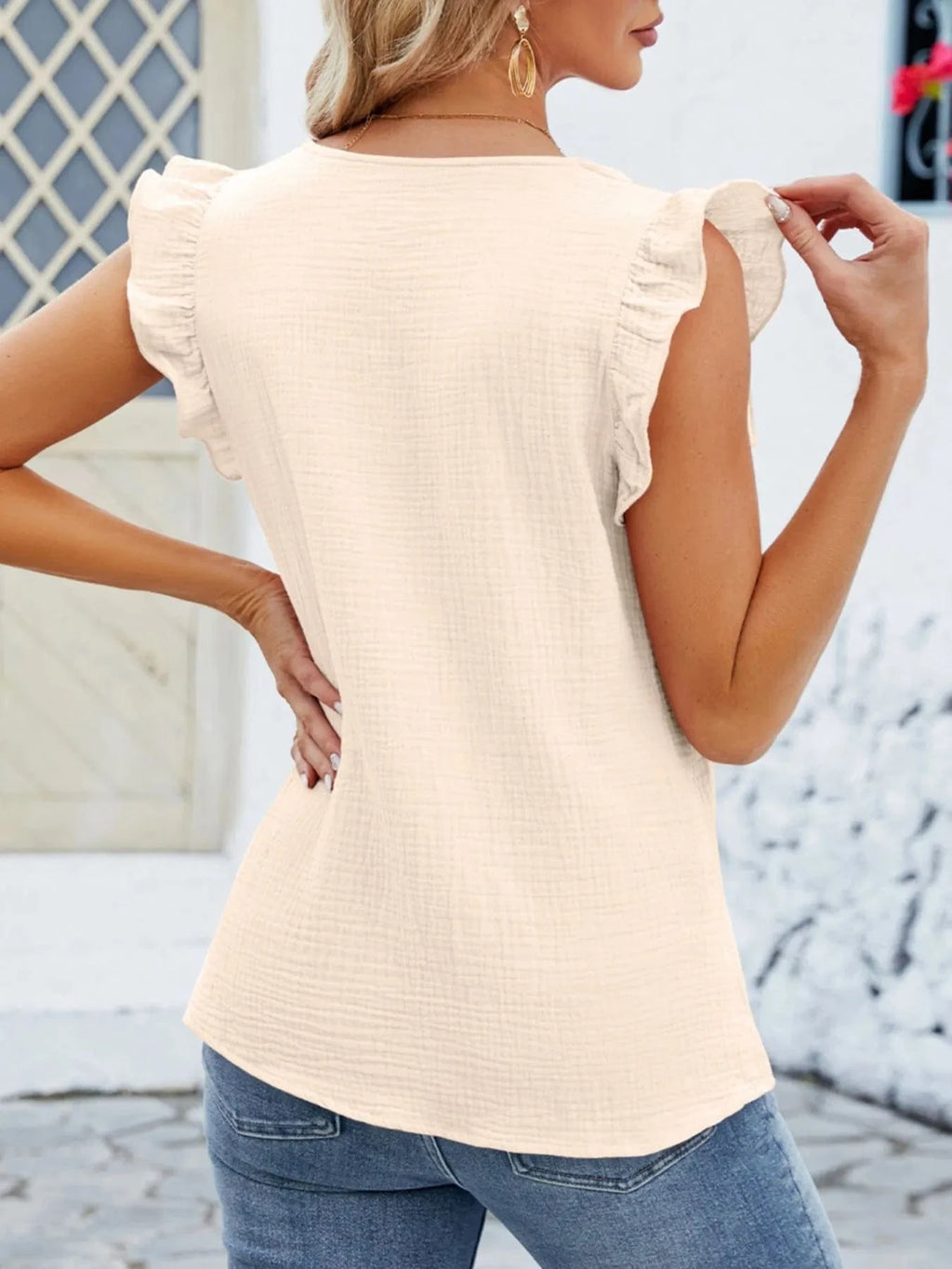 V - Neck Ruffled Sleeve Top - ShalayeFashion