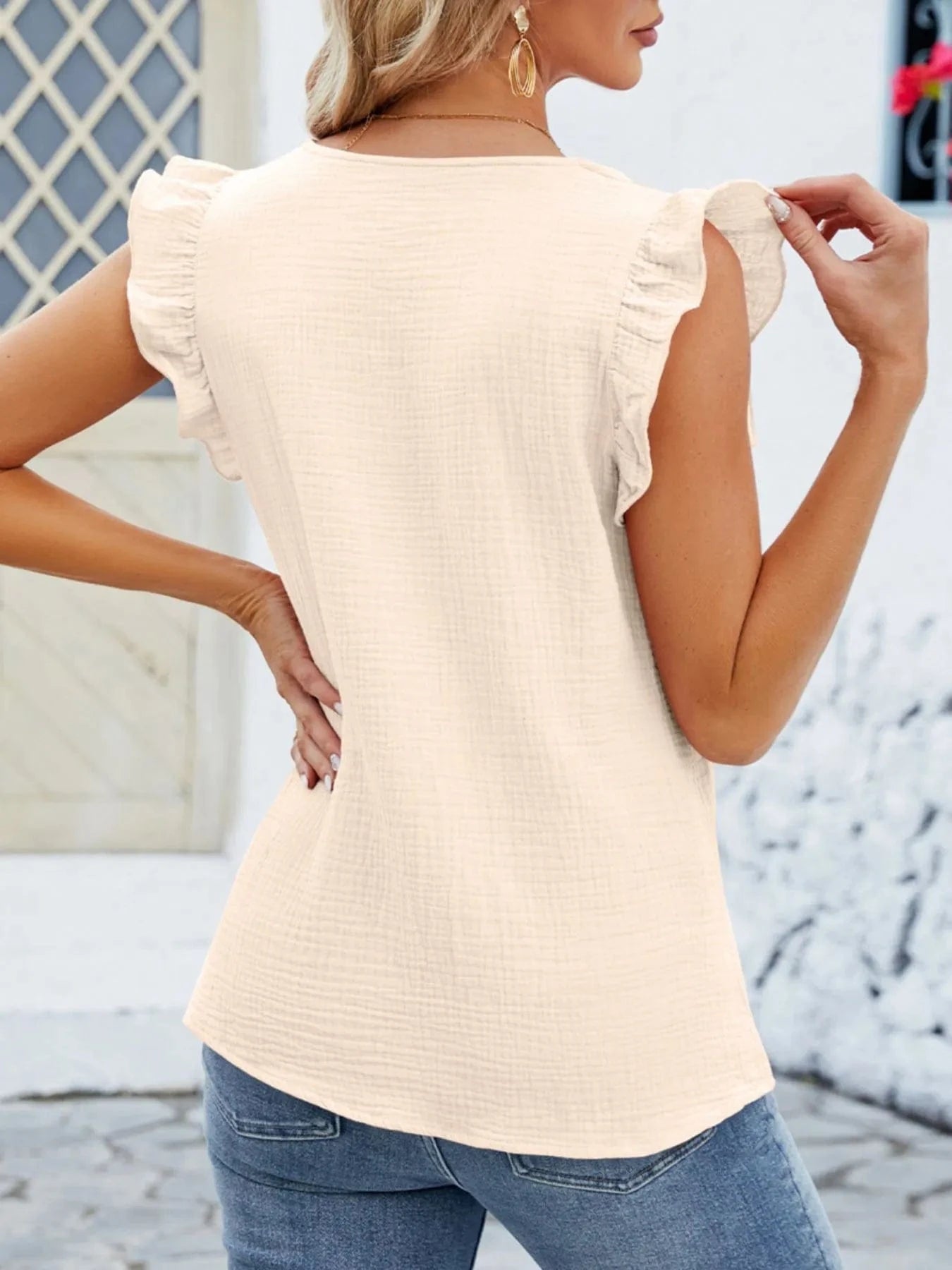 V - Neck Ruffled Sleeve Top - ShalayeFashion
