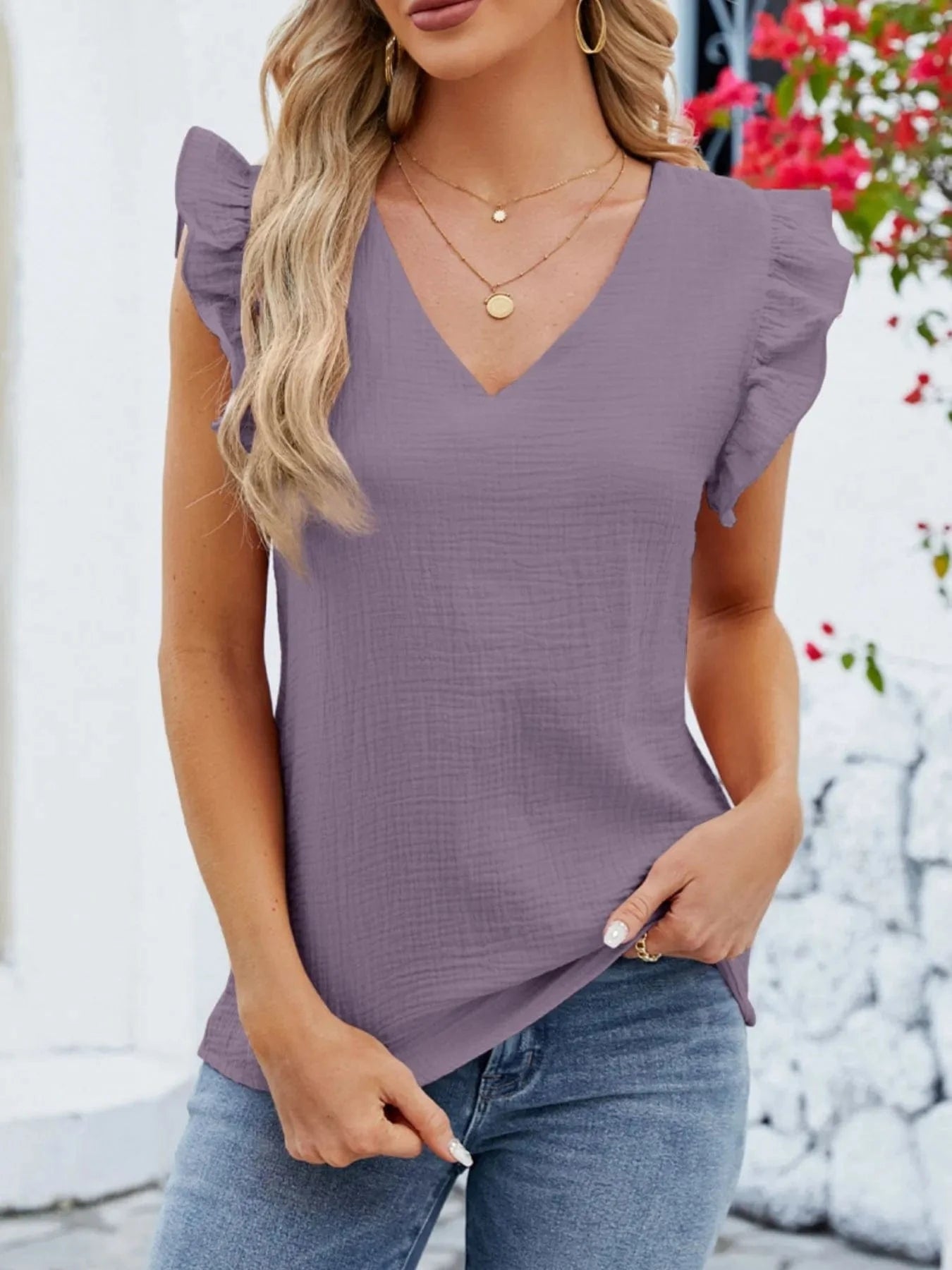 V - Neck Ruffled Sleeve Top - ShalayeFashion