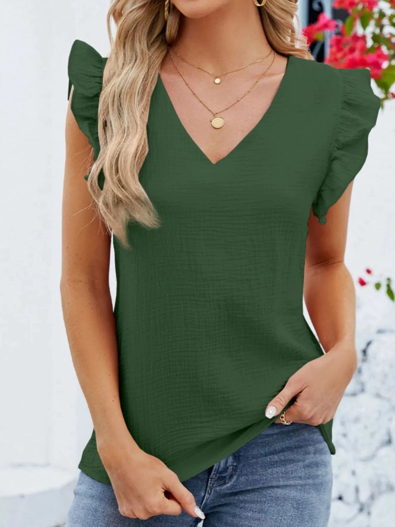 V - Neck Ruffled Sleeve Top - ShalayeFashion