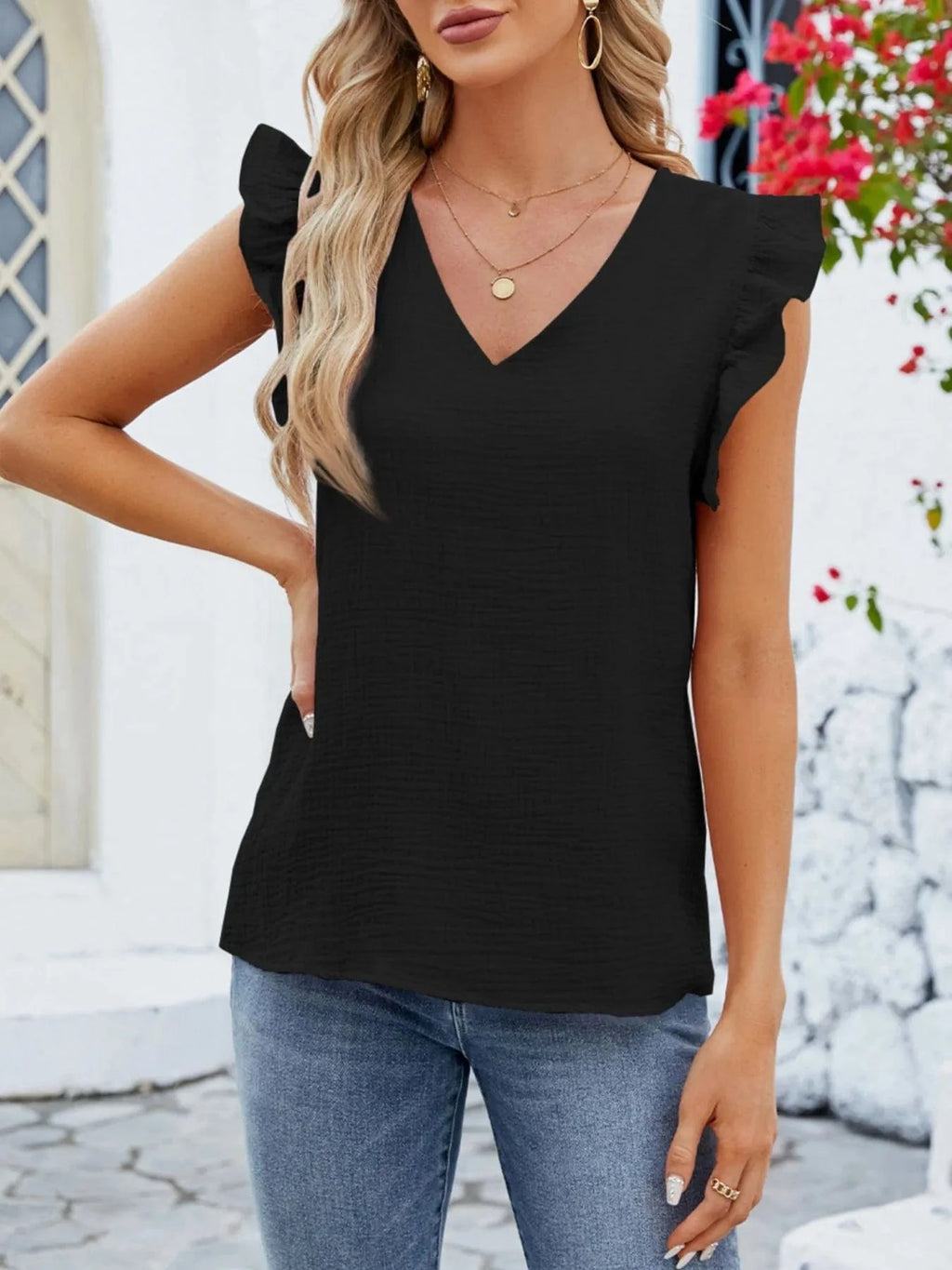 V - Neck Ruffled Sleeve Top - ShalayeFashion