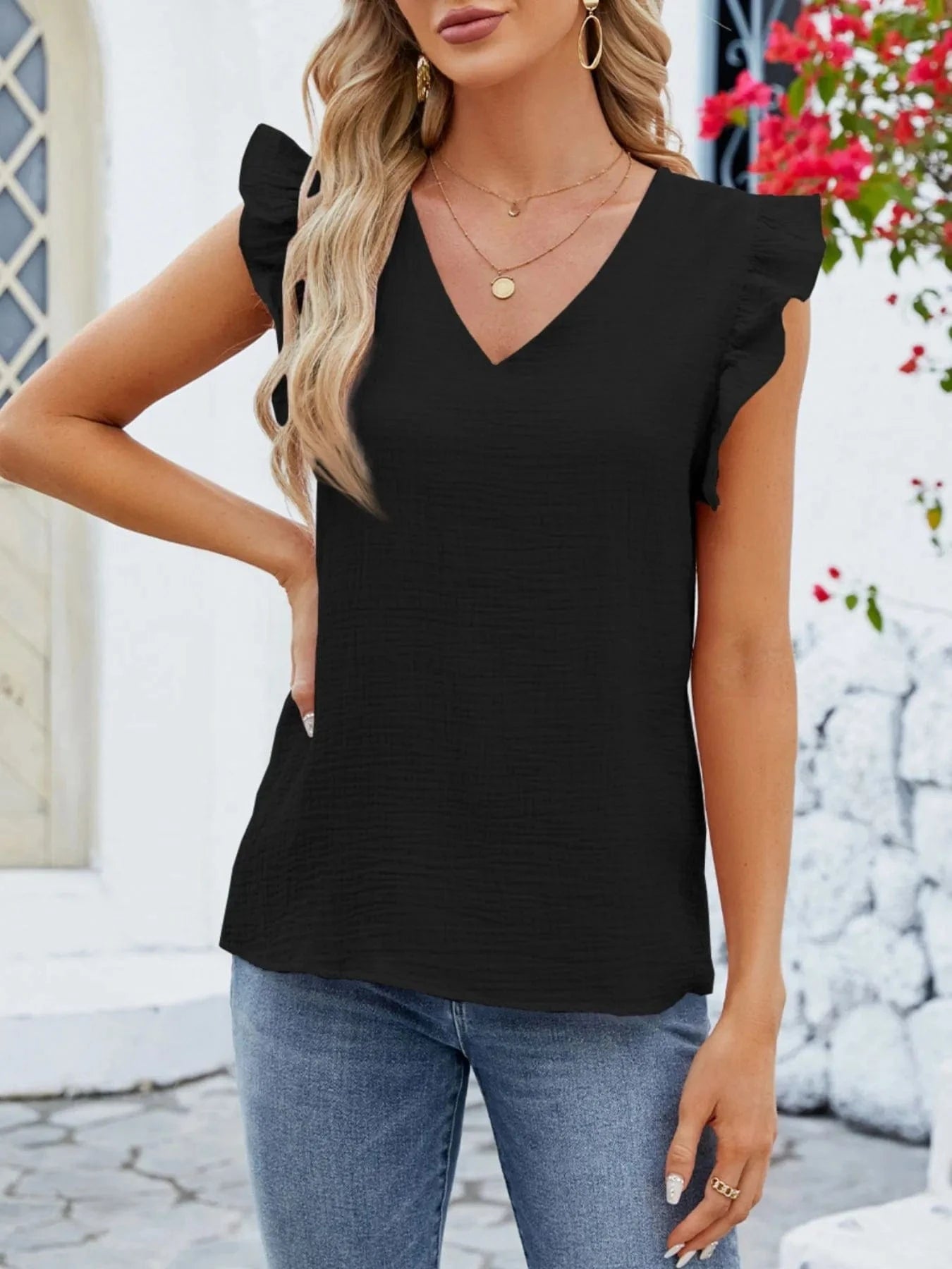 V - Neck Ruffled Sleeve Top - ShalayeFashion