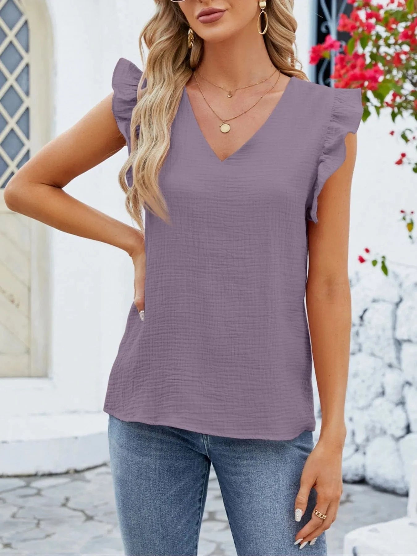 V - Neck Ruffled Sleeve Top - ShalayeFashion