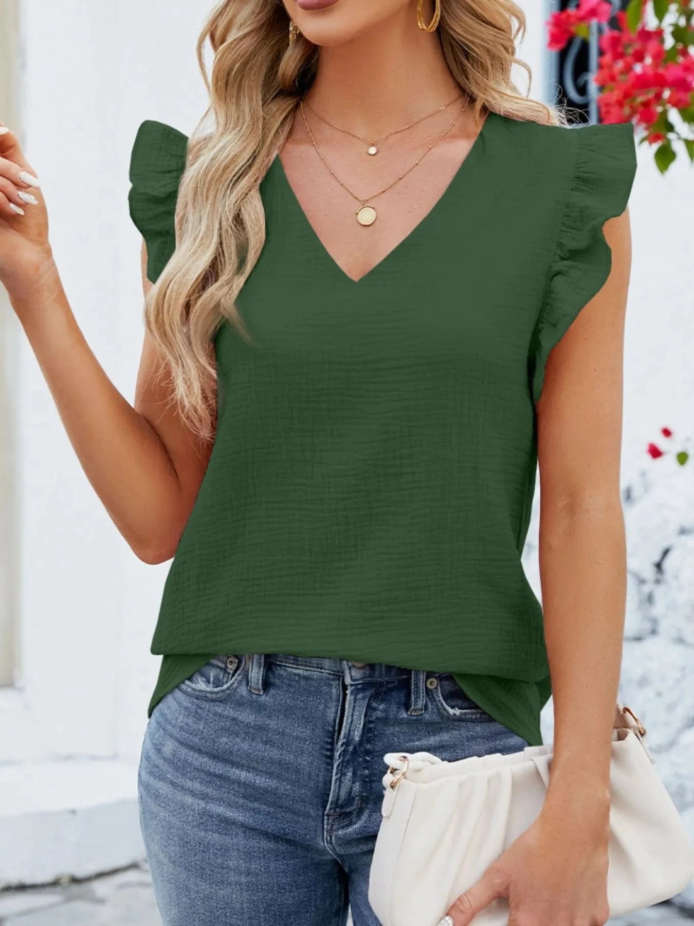 V - Neck Ruffled Sleeve Top - ShalayeFashion