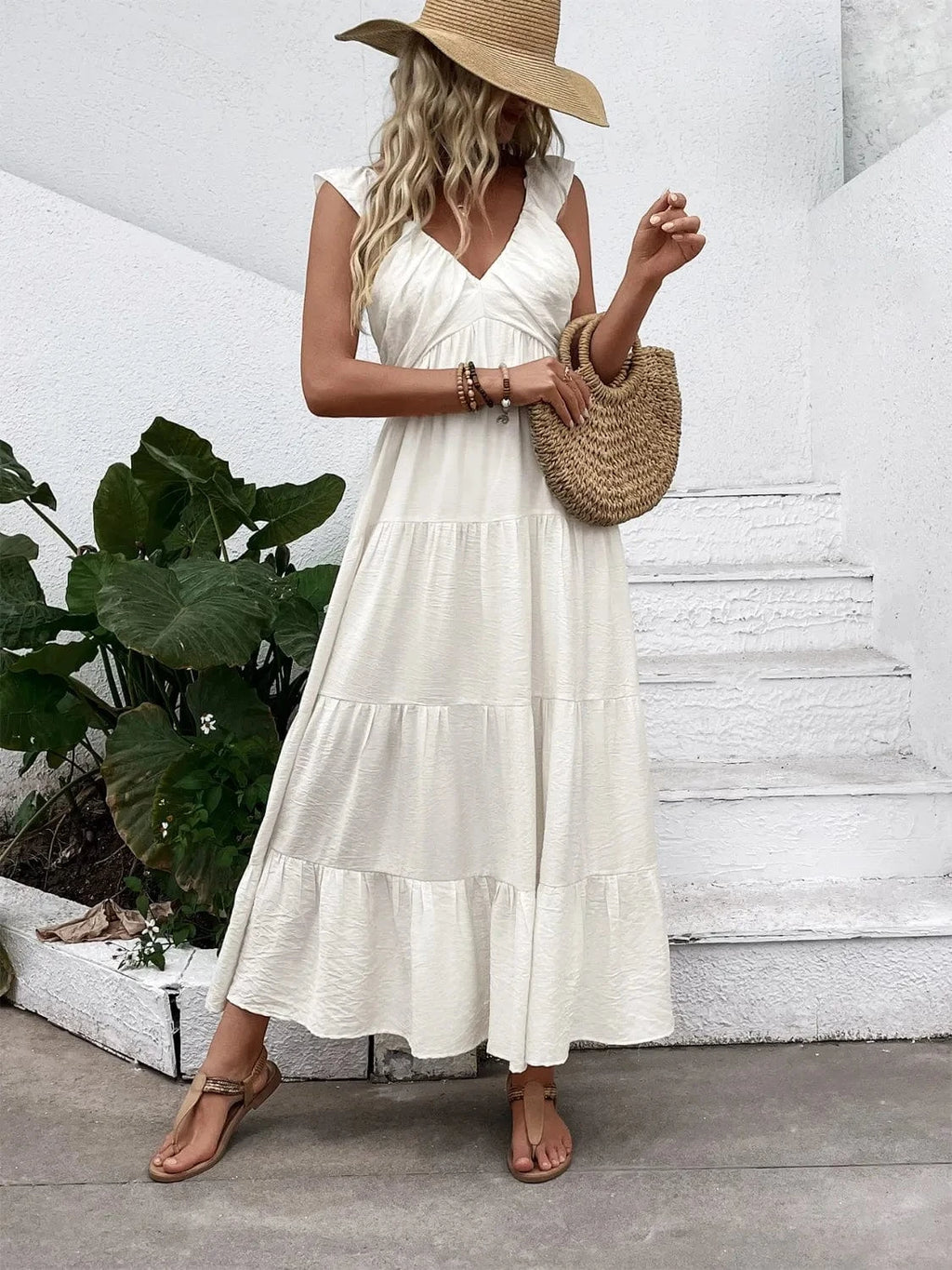 V - Neck Sleeveless Tiered Dress - ShalayeFashion