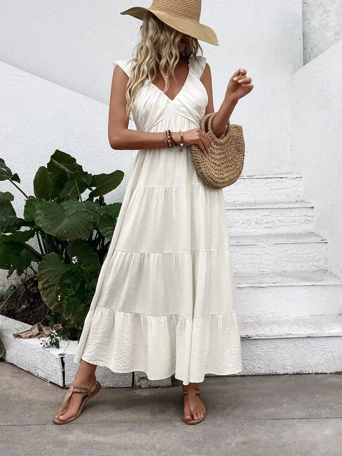 V - Neck Sleeveless Tiered Dress - ShalayeFashion