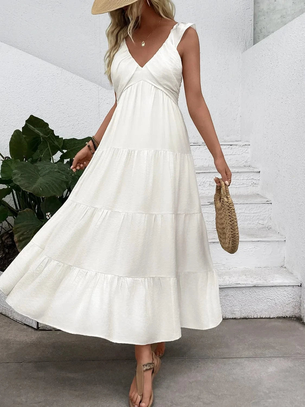 V - Neck Sleeveless Tiered Dress - ShalayeFashion