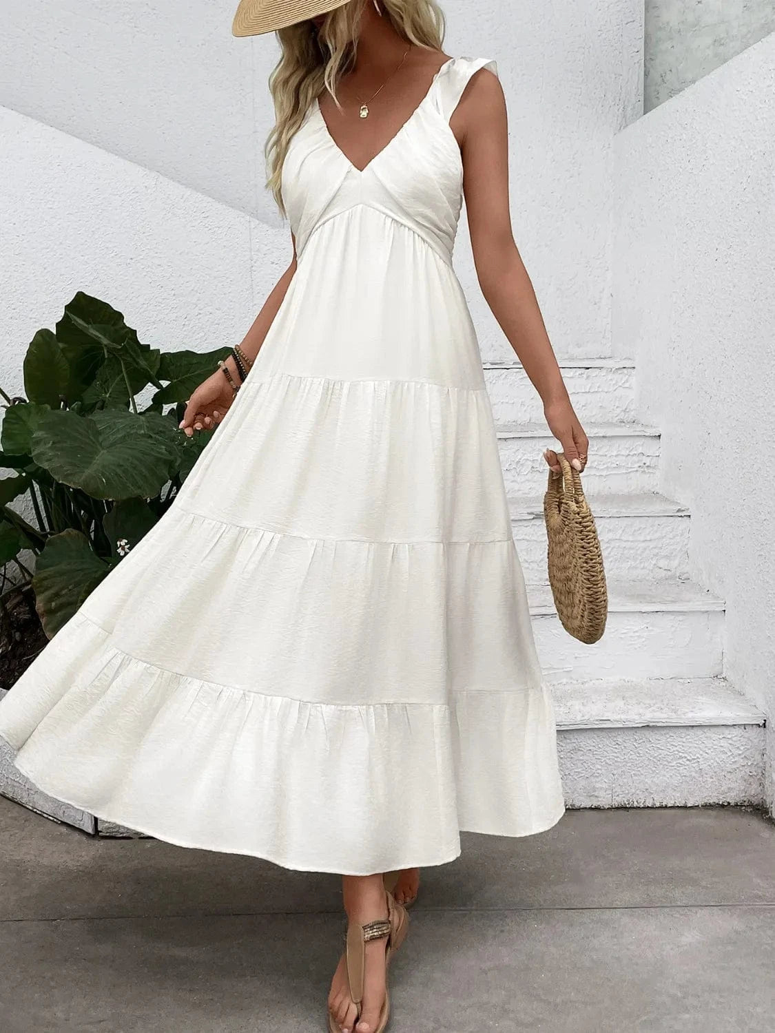 V - Neck Sleeveless Tiered Dress - ShalayeFashion