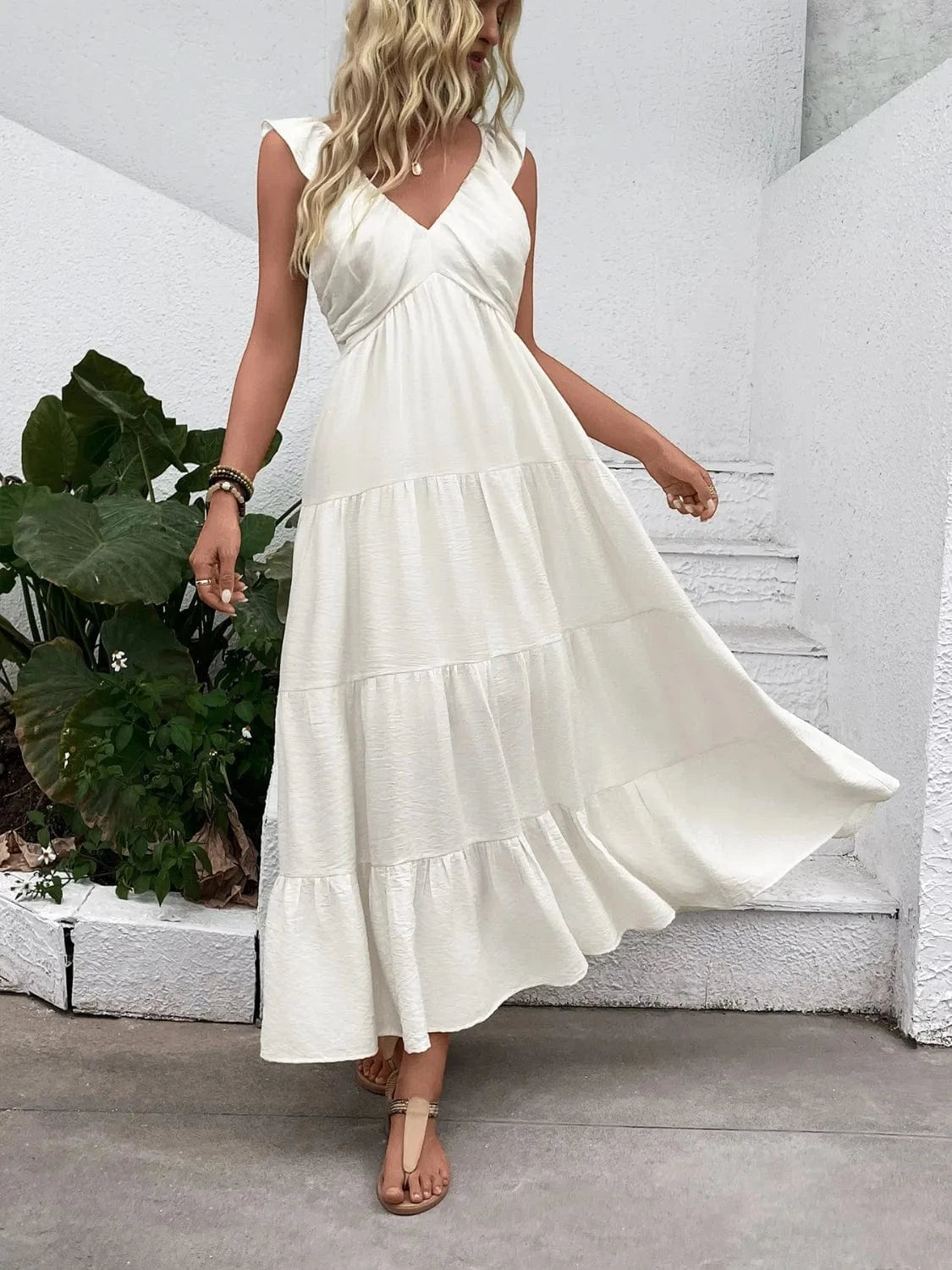 V - Neck Sleeveless Tiered Dress - ShalayeFashion