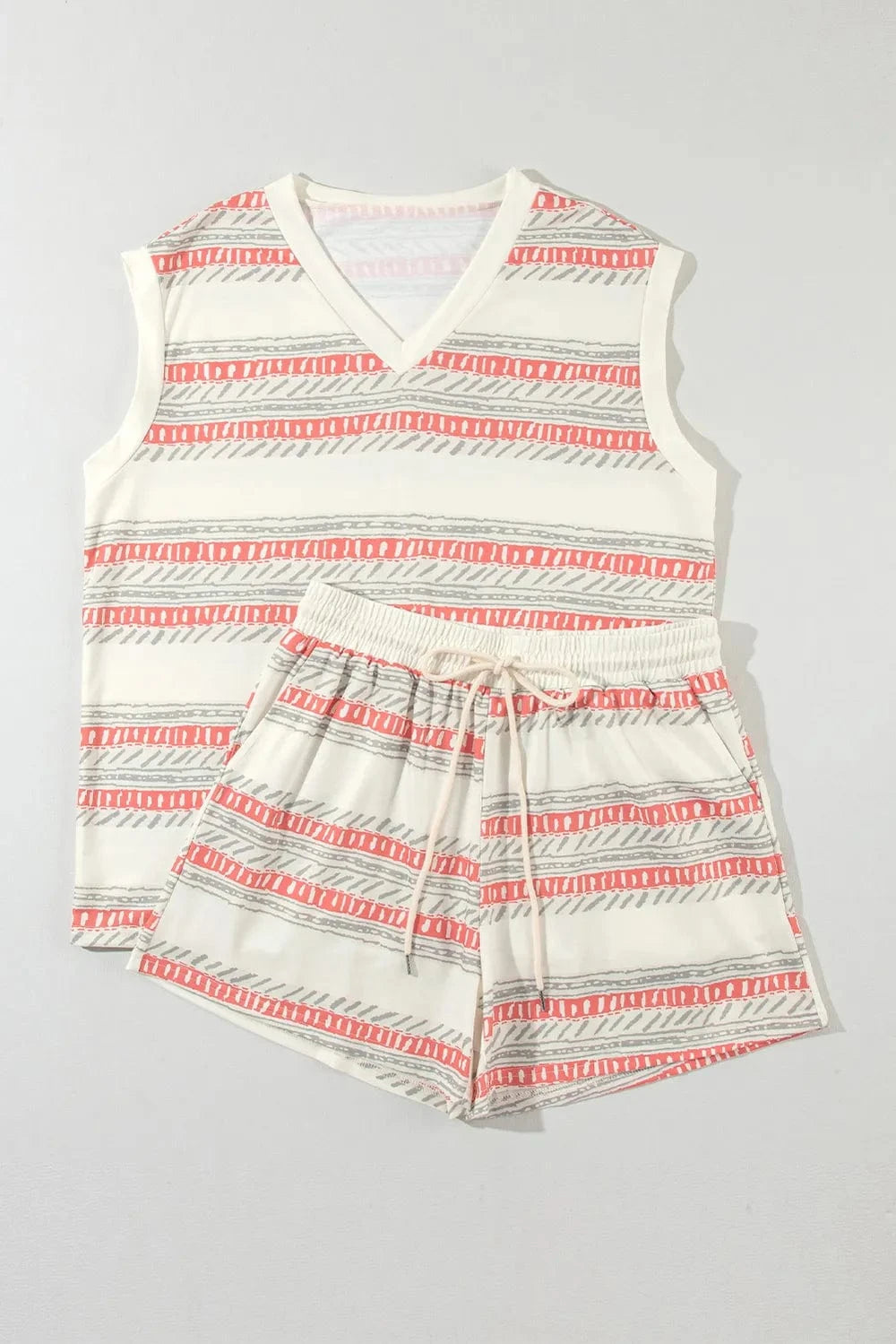 V - Neck Sleeveless Top and Drawstring Shorts Set - ShalayeFashion