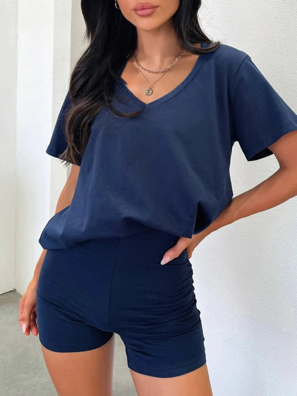 V - Neck T-Shirt and Shorts Set - ShalayeFashion