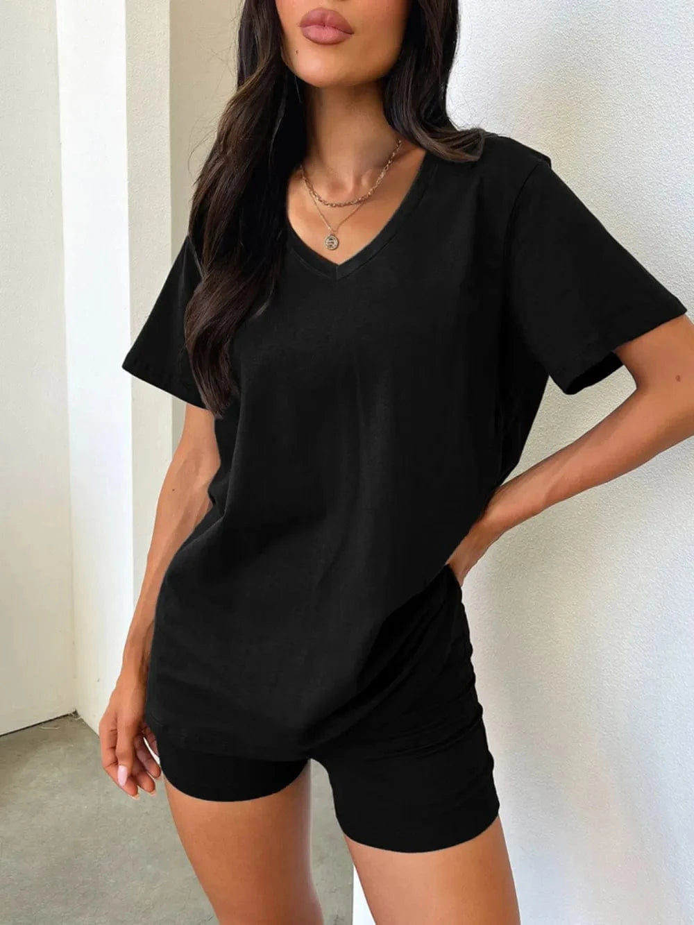 V - Neck T-Shirt and Shorts Set - ShalayeFashion