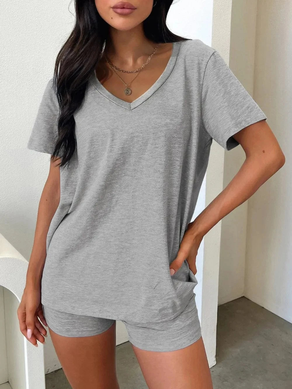 V - Neck T-Shirt and Shorts Set - ShalayeFashion