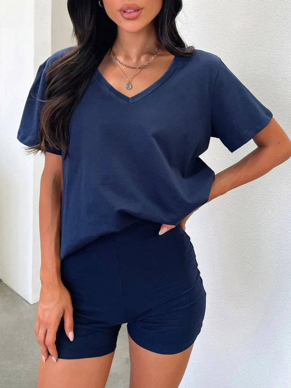 V - Neck T-Shirt and Shorts Set - ShalayeFashion