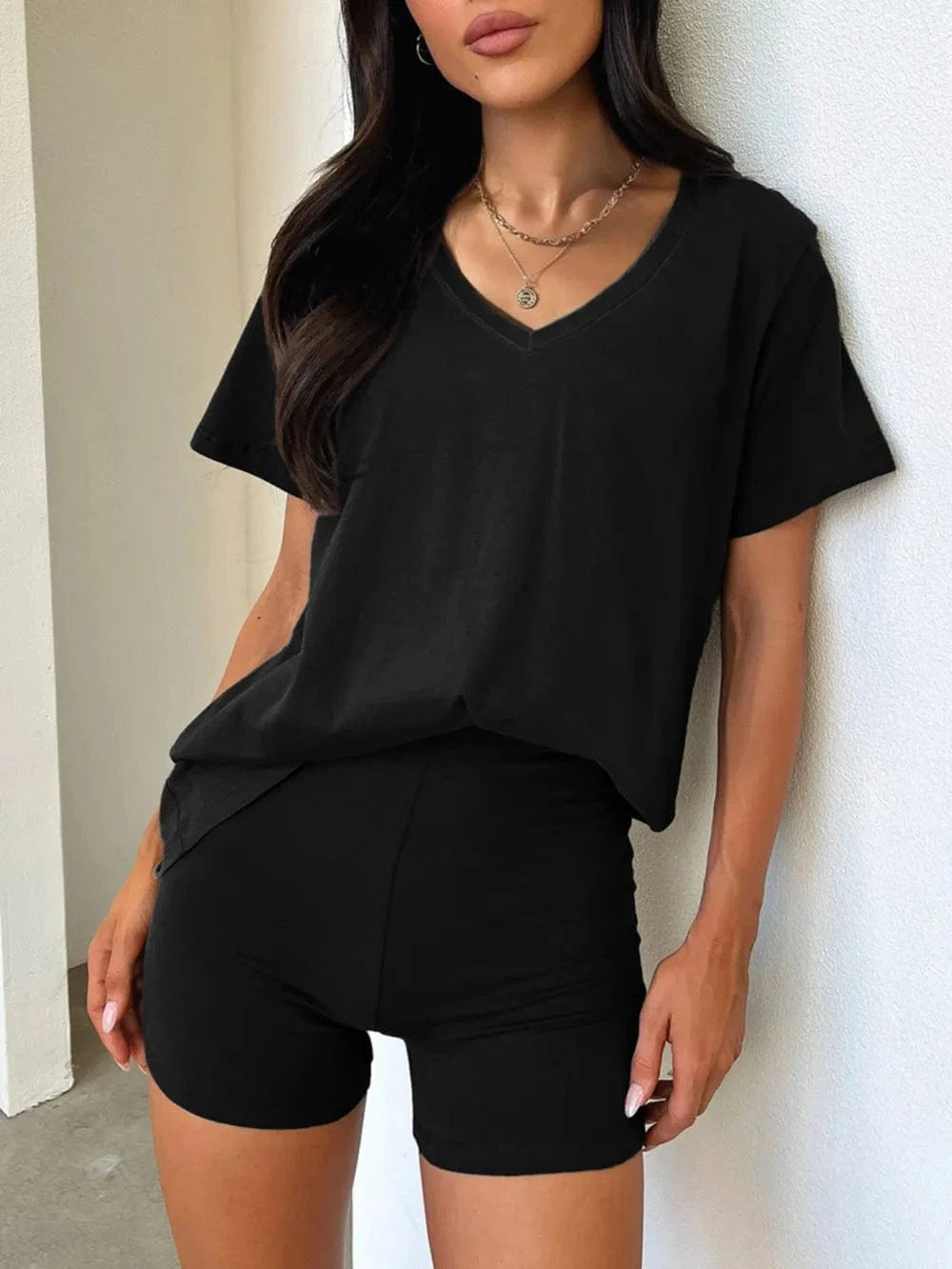 V - Neck T-Shirt and Shorts Set - ShalayeFashion