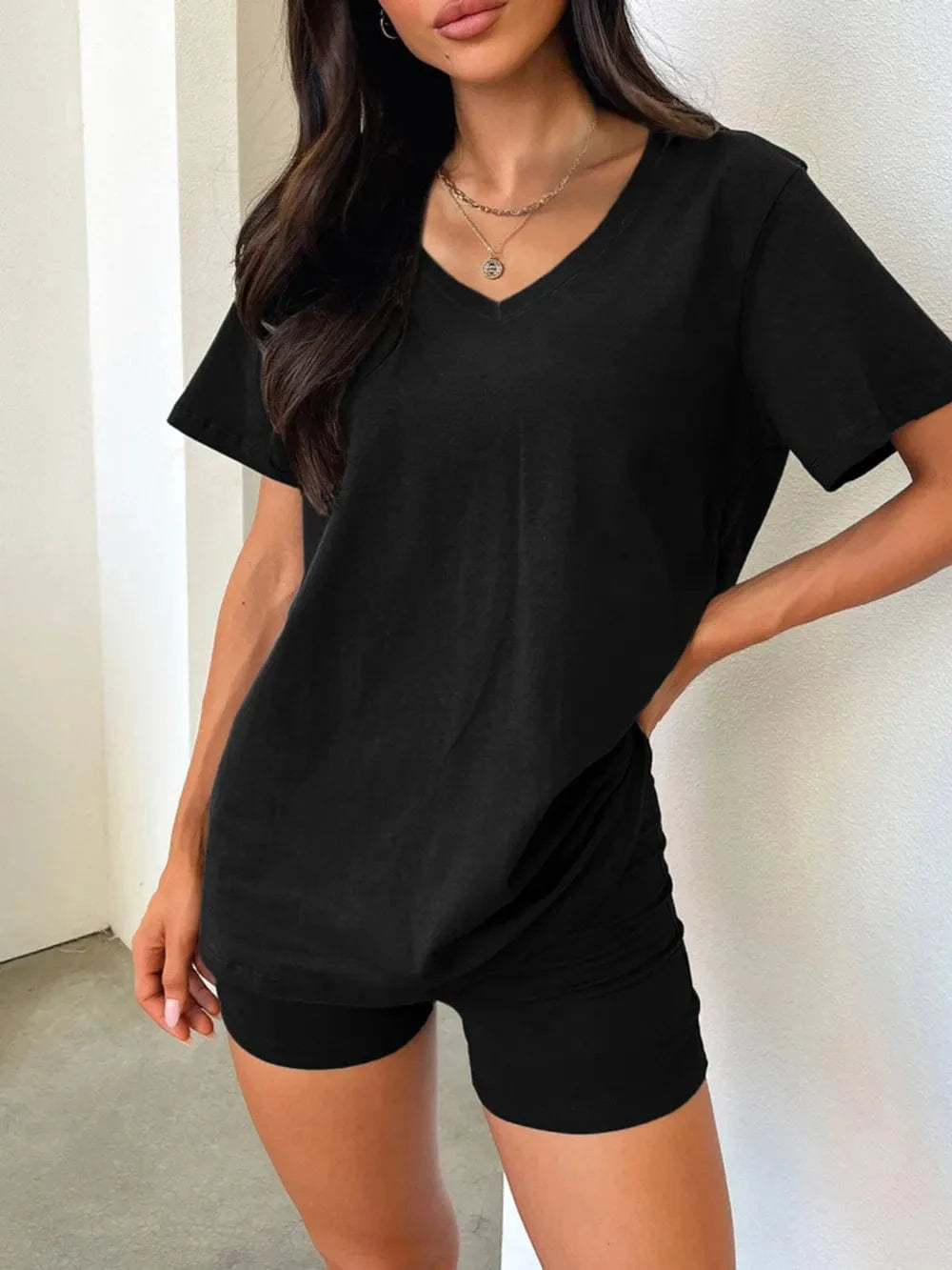 V - Neck T-Shirt and Shorts Set - ShalayeFashion