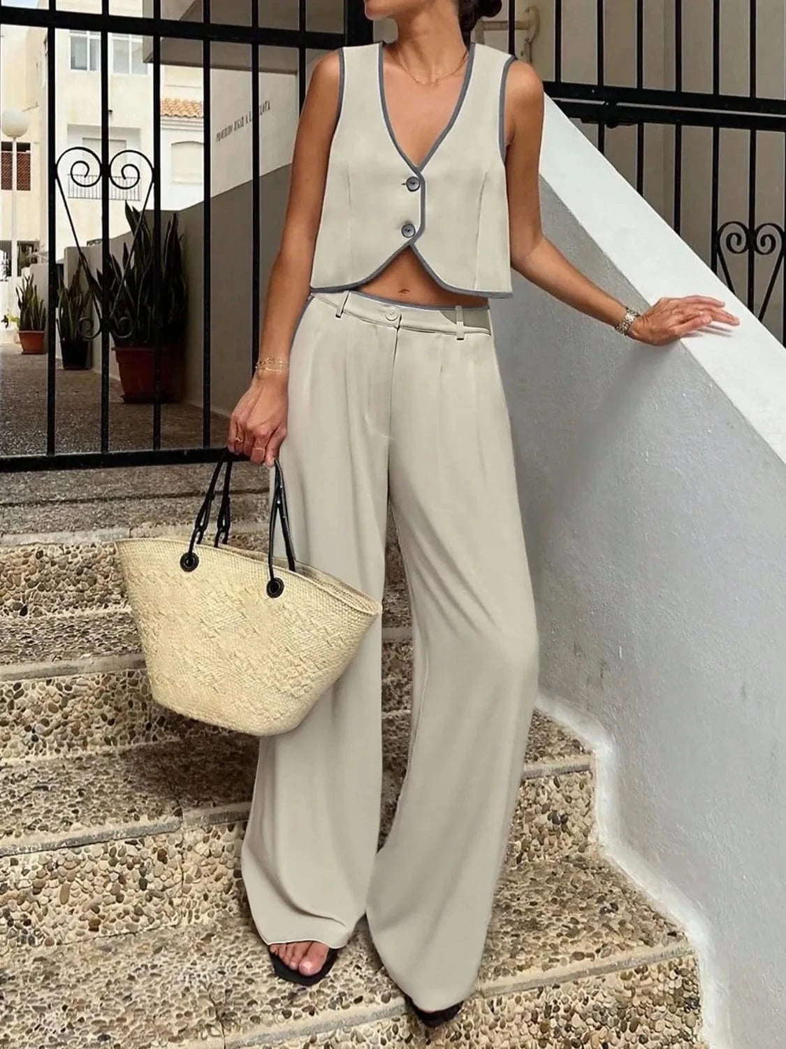 V - Neck Vest and Pants Set - ShalayeFashion