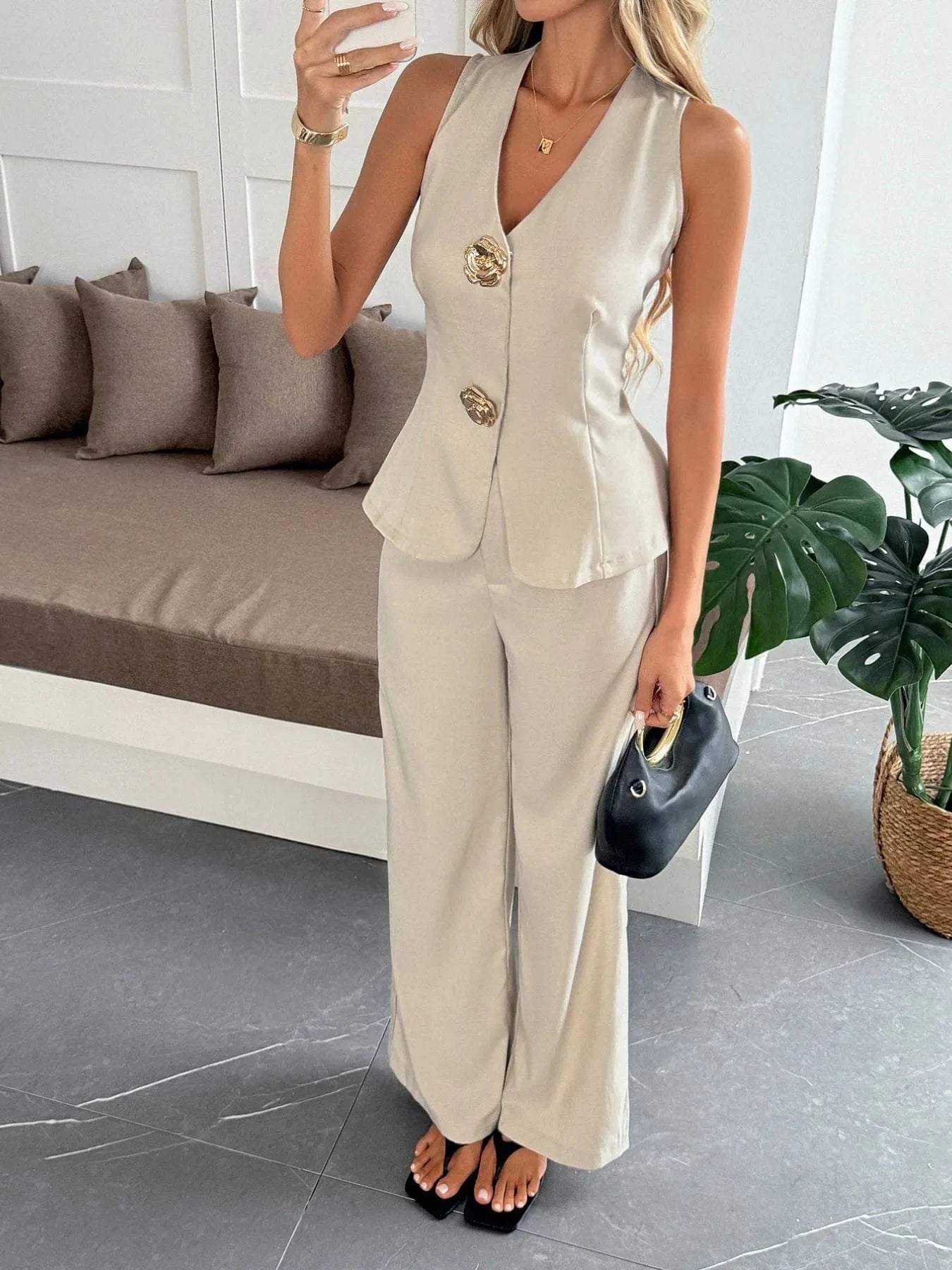 V - Neck Vest and Pants Set - ShalayeFashion