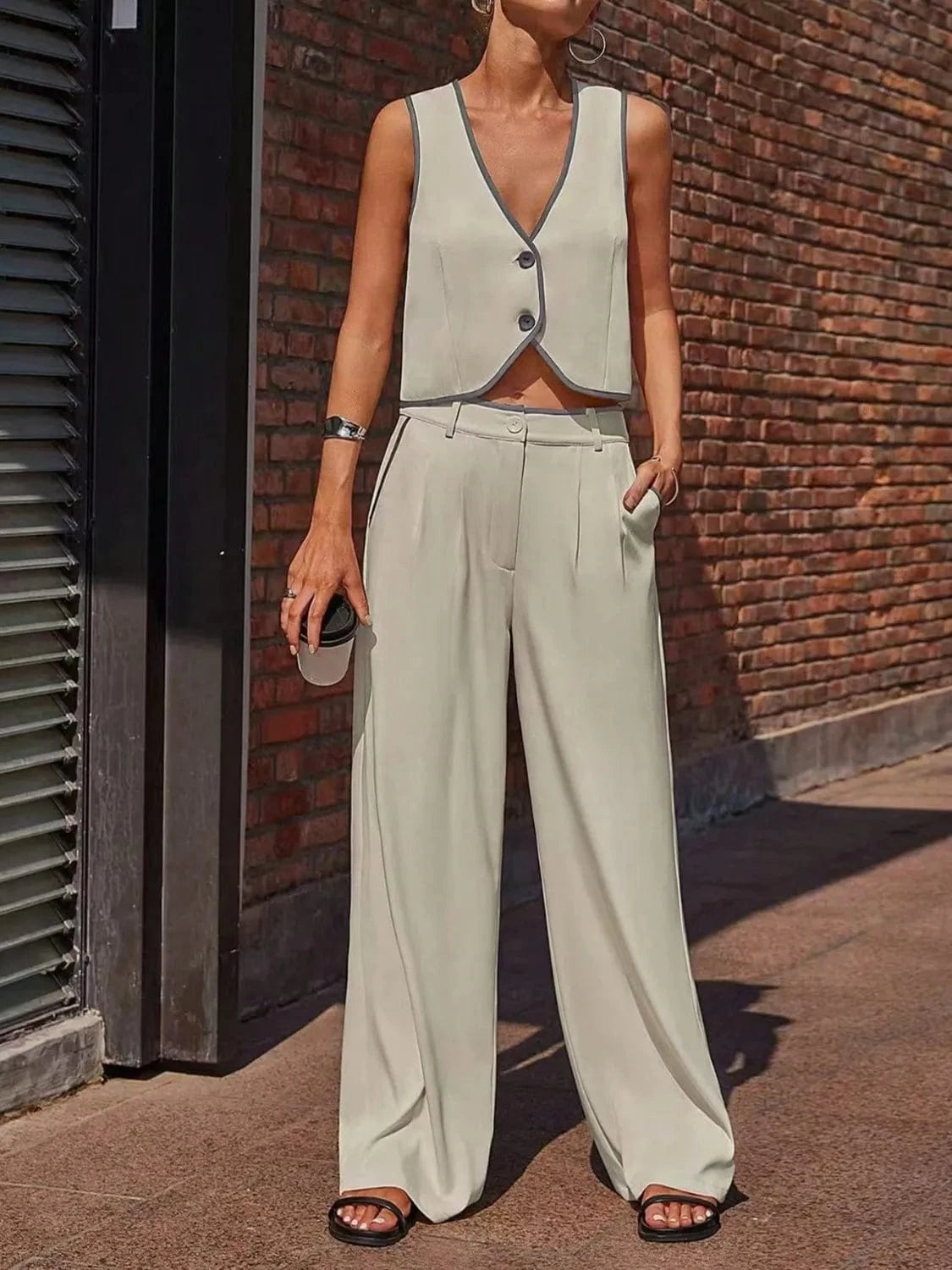 V - Neck Vest and Pants Set - ShalayeFashion