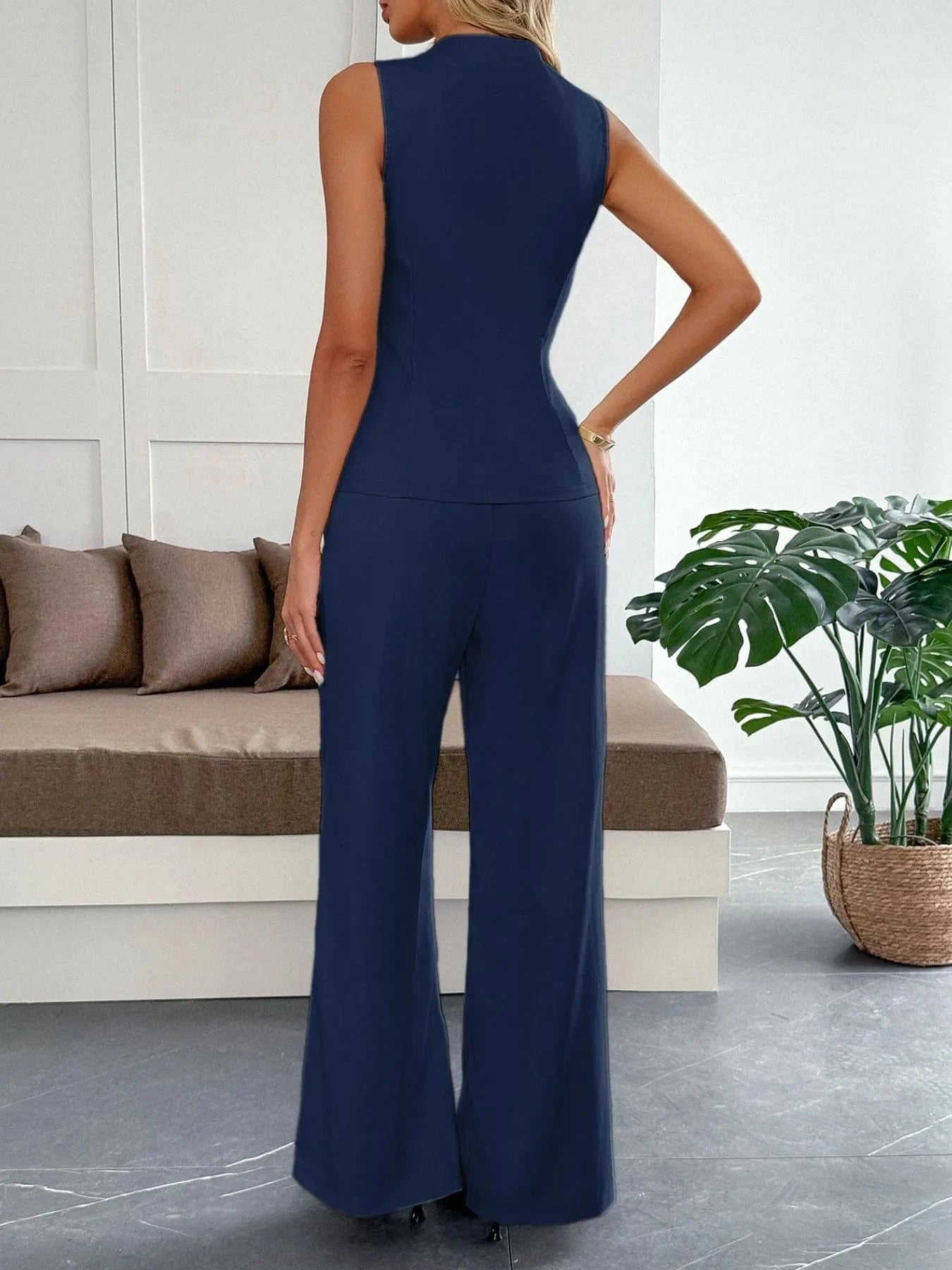 V - Neck Vest and Pants Set - ShalayeFashion