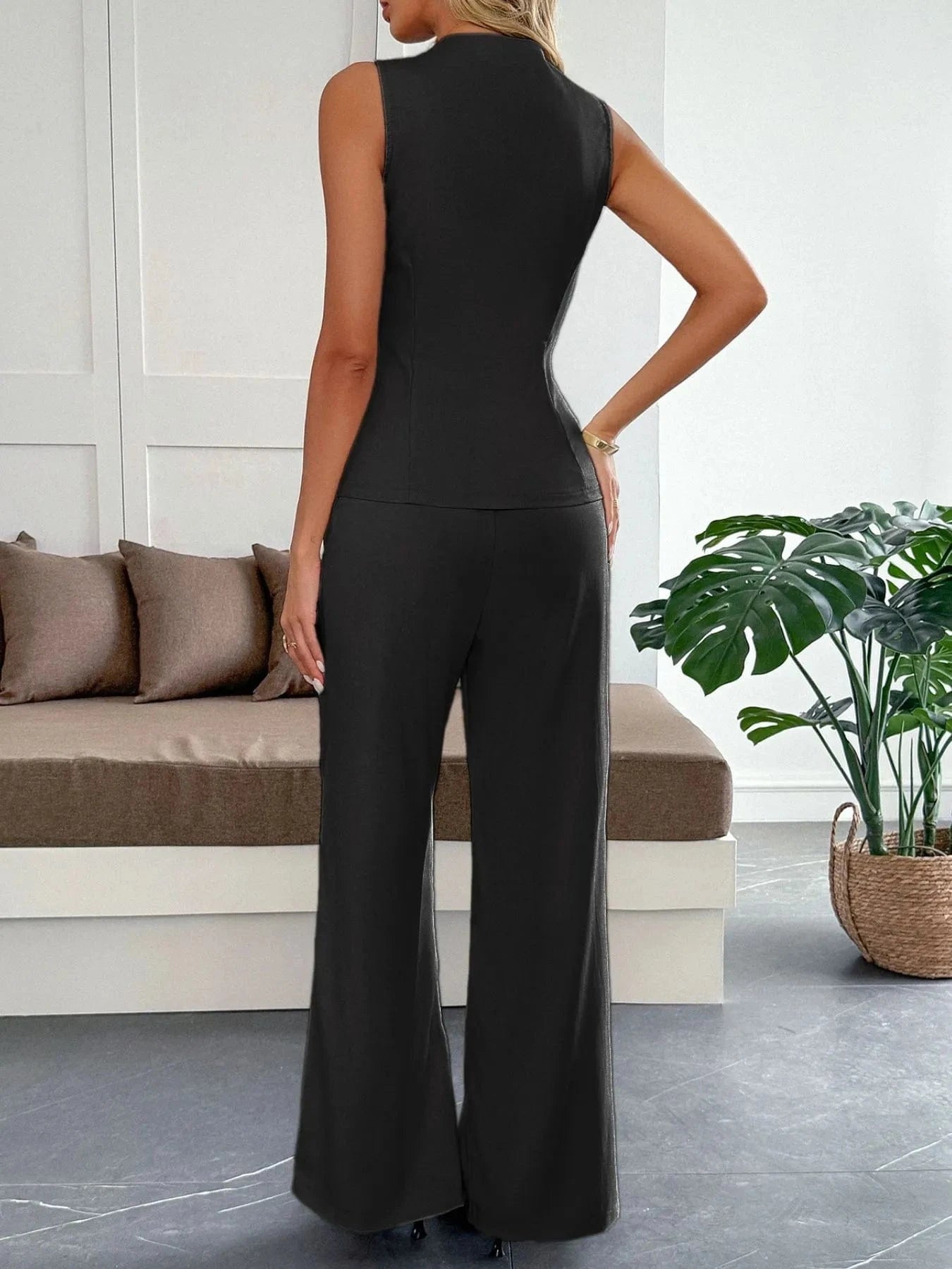 V - Neck Vest and Pants Set - ShalayeFashion