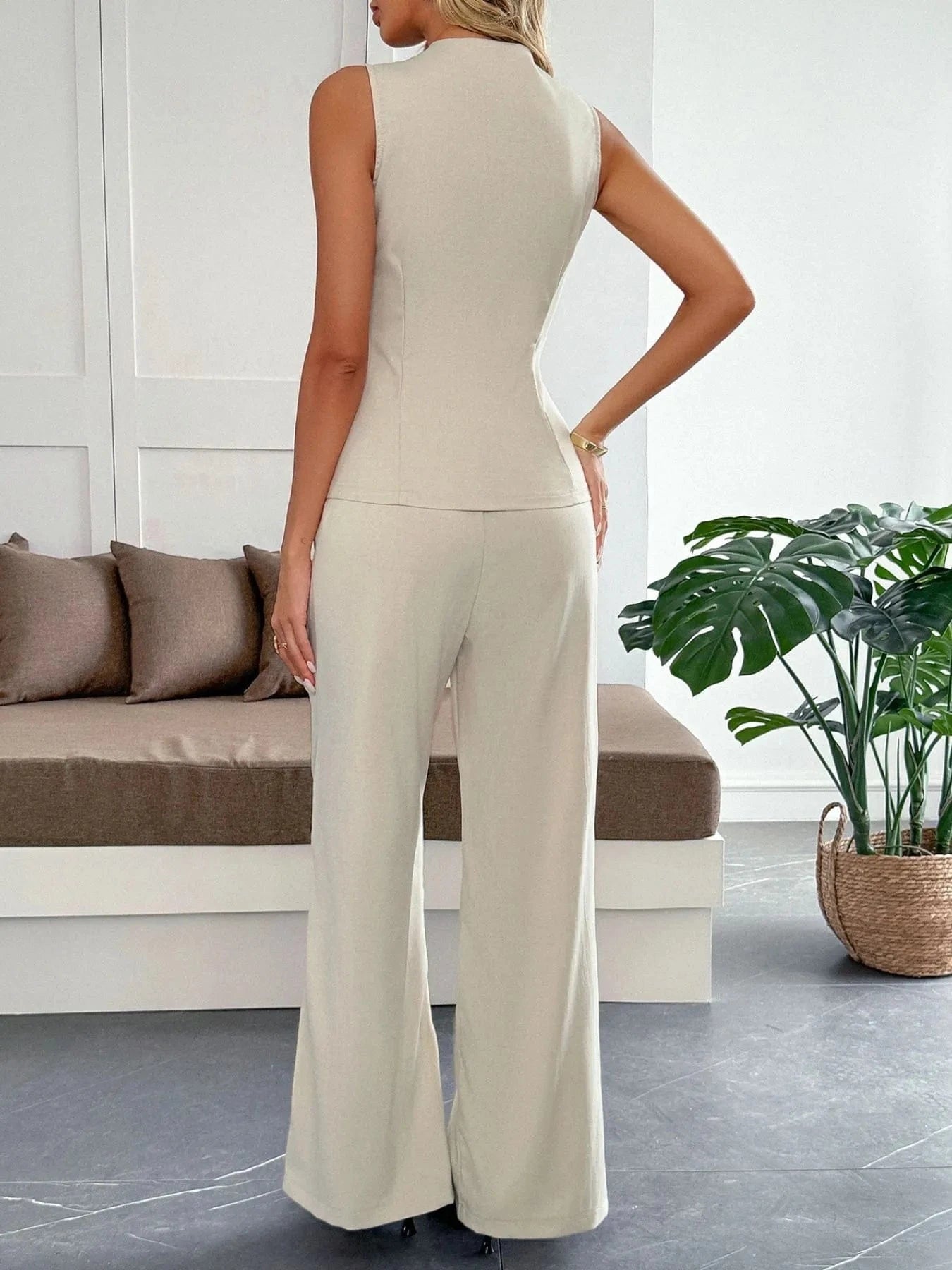V - Neck Vest and Pants Set - ShalayeFashion
