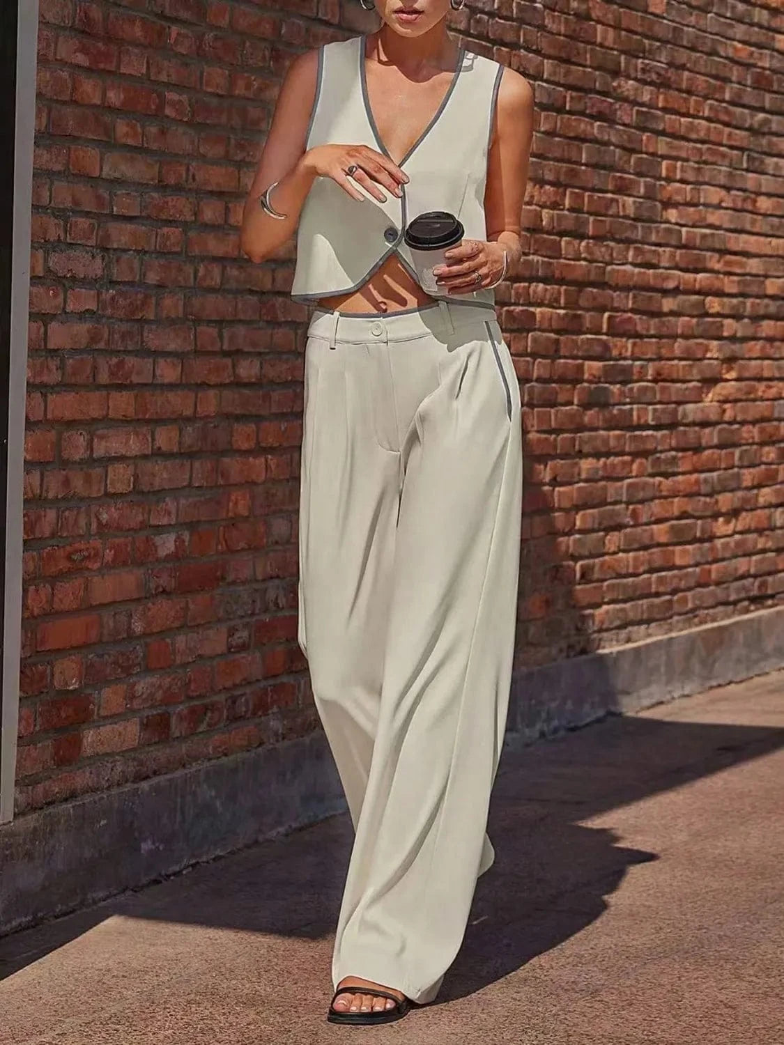 V - Neck Vest and Pants Set - ShalayeFashion