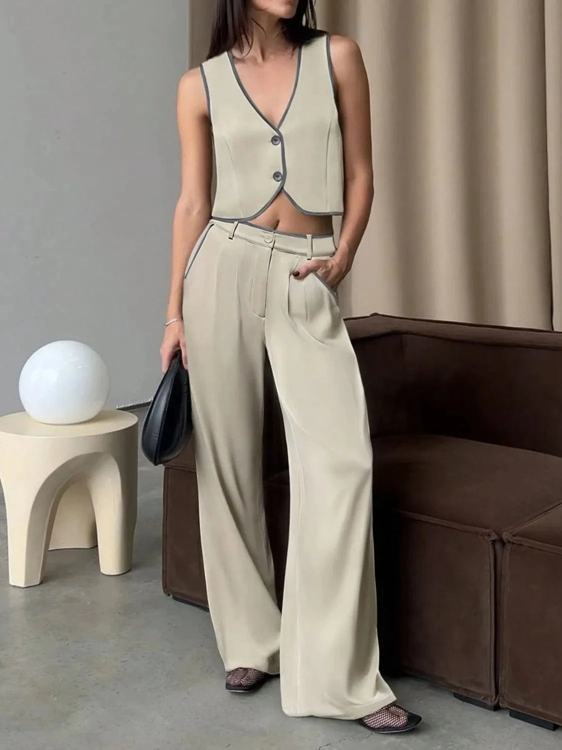 V - Neck Vest and Pants Set - ShalayeFashion