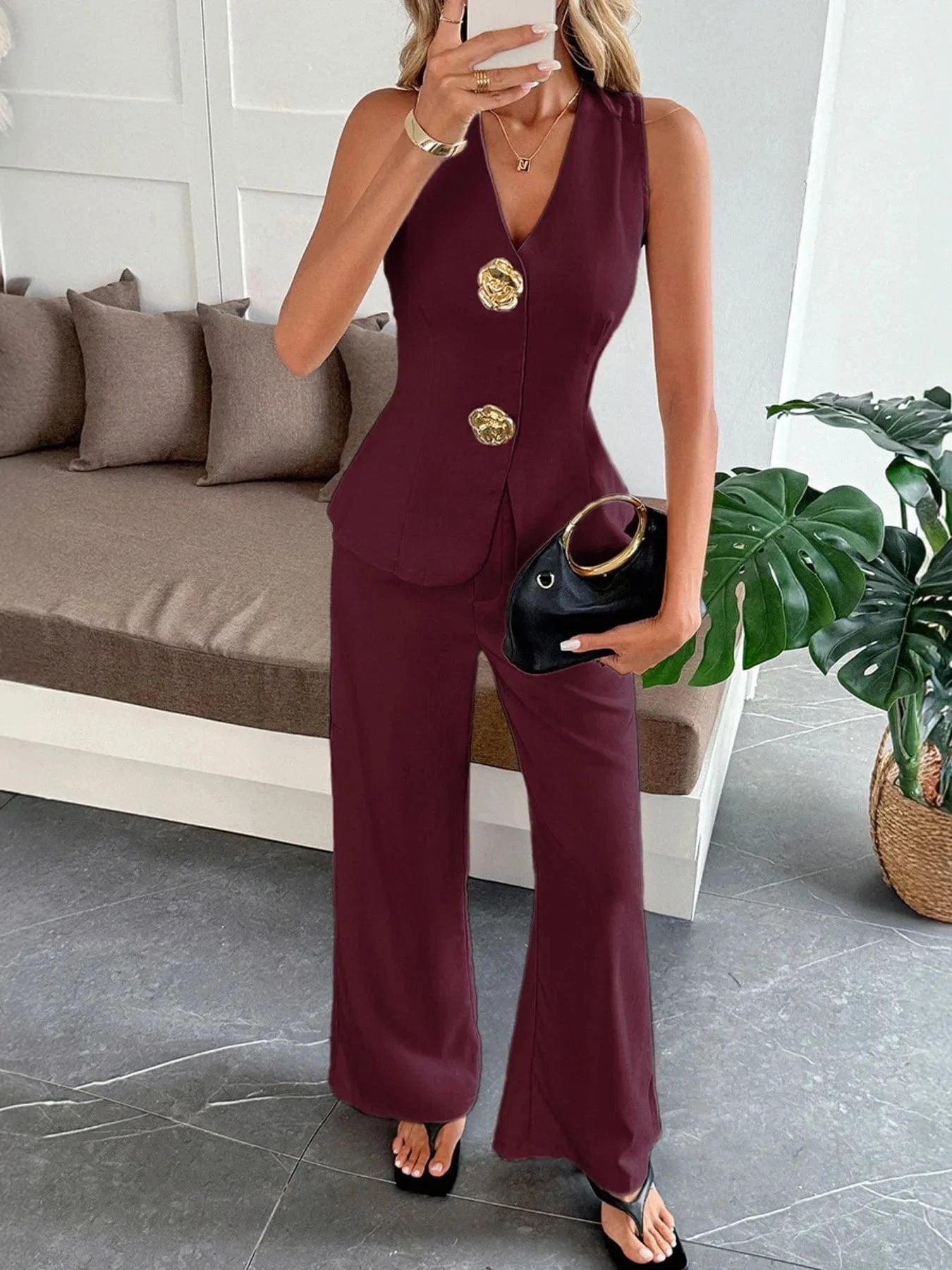 V - Neck Vest and Pants Set - ShalayeFashion