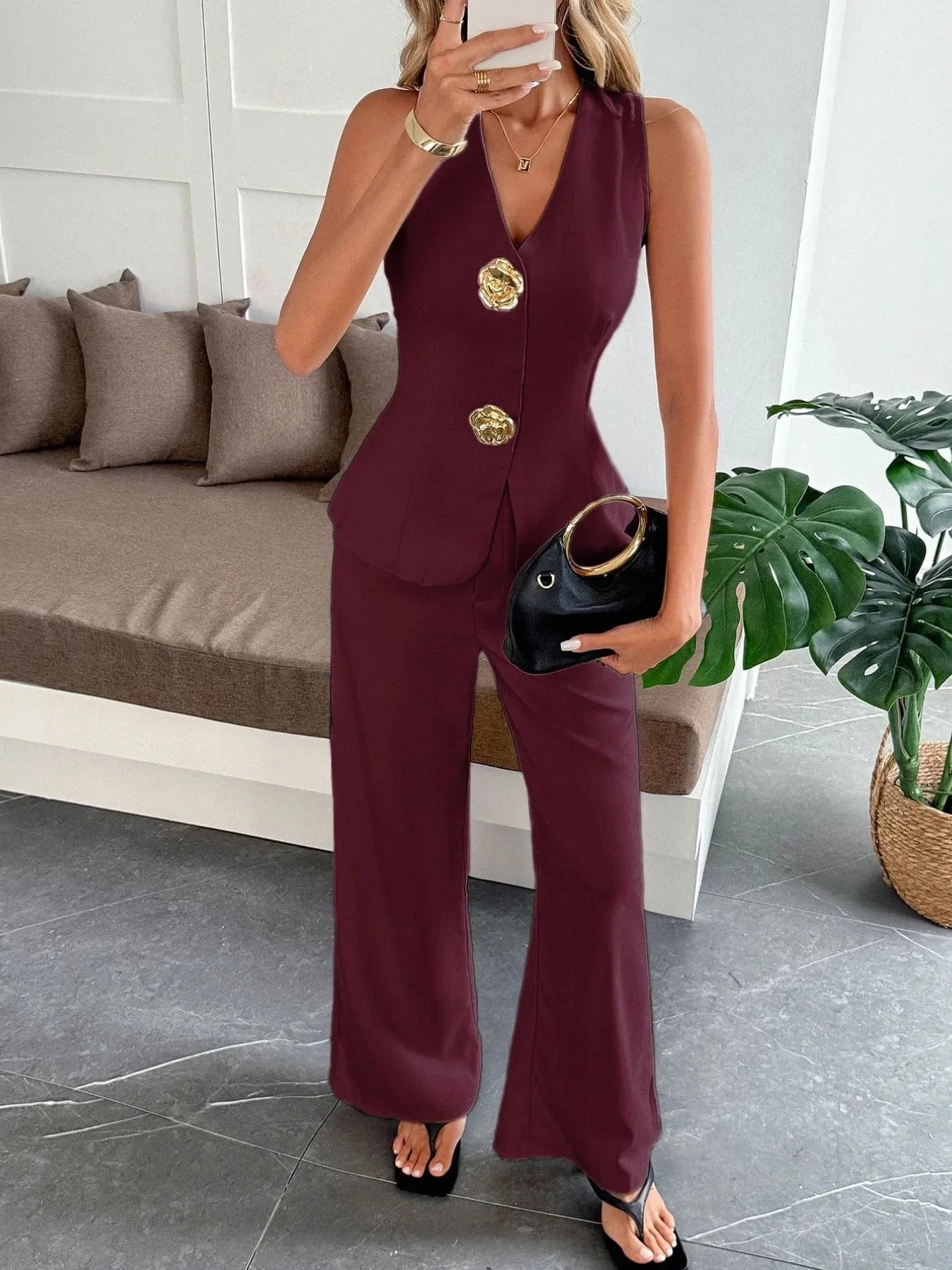 V - Neck Vest and Pants Set - ShalayeFashion