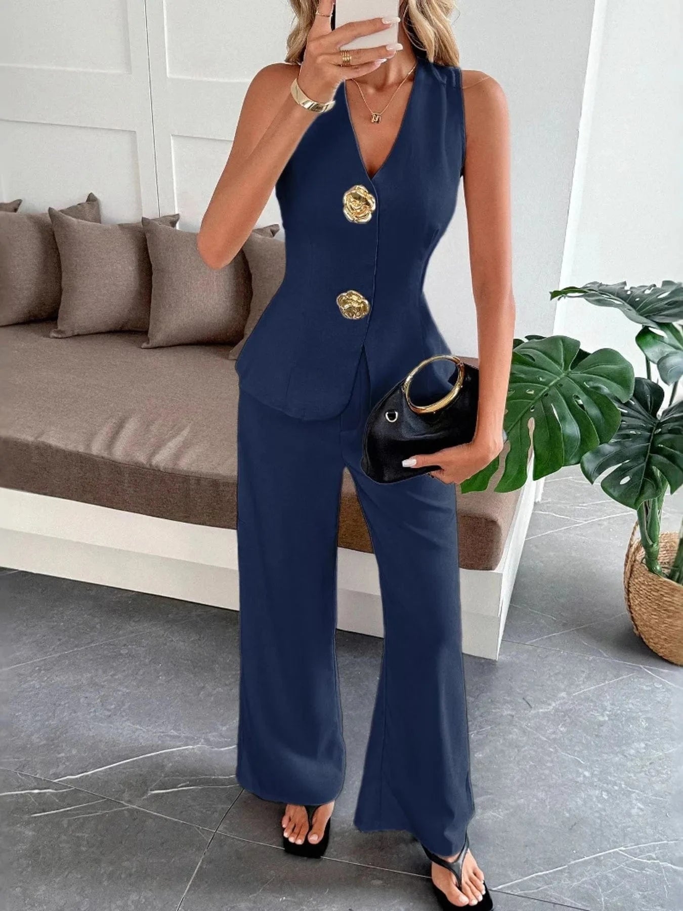 V - Neck Vest and Pants Set - ShalayeFashion