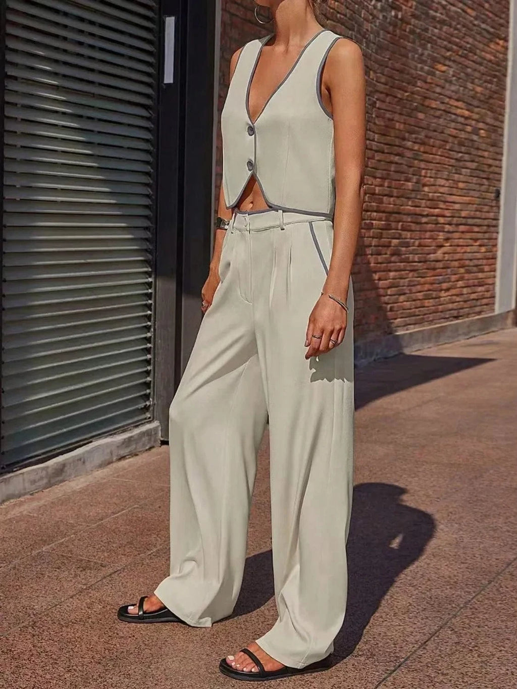 V - Neck Vest and Pants Set - ShalayeFashion