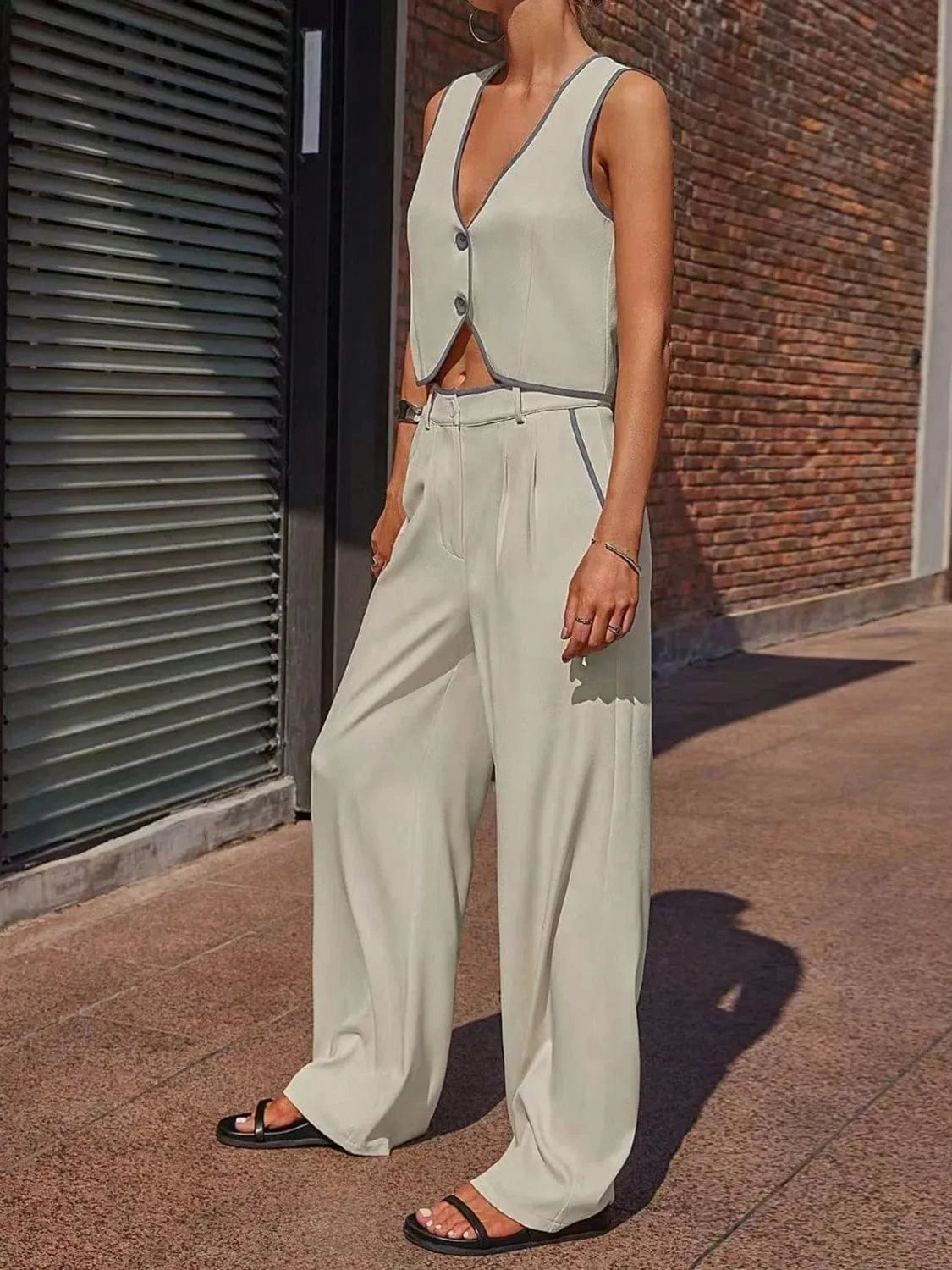 V - Neck Vest and Pants Set - ShalayeFashion