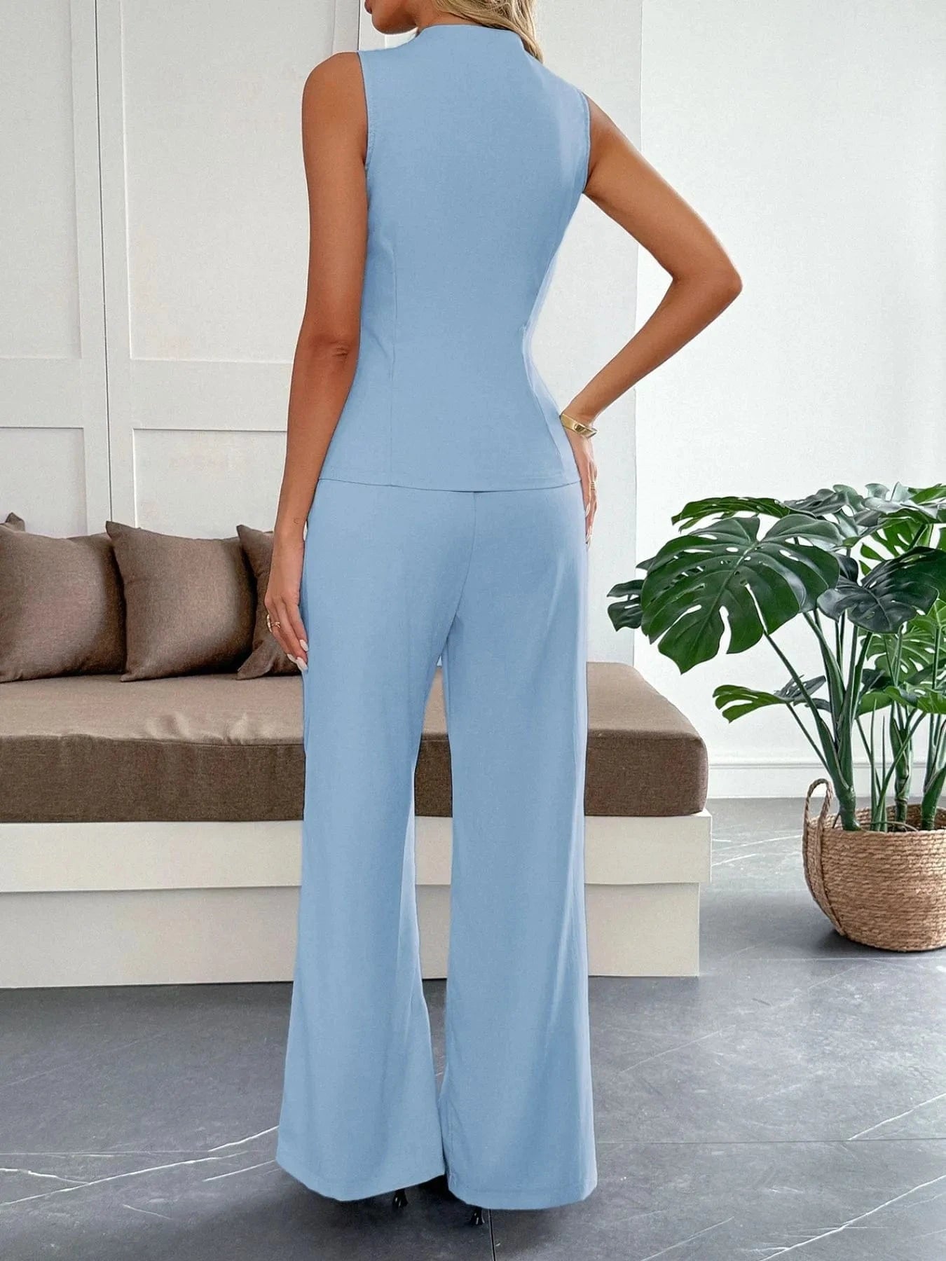 V - Neck Vest and Pants Set - ShalayeFashion