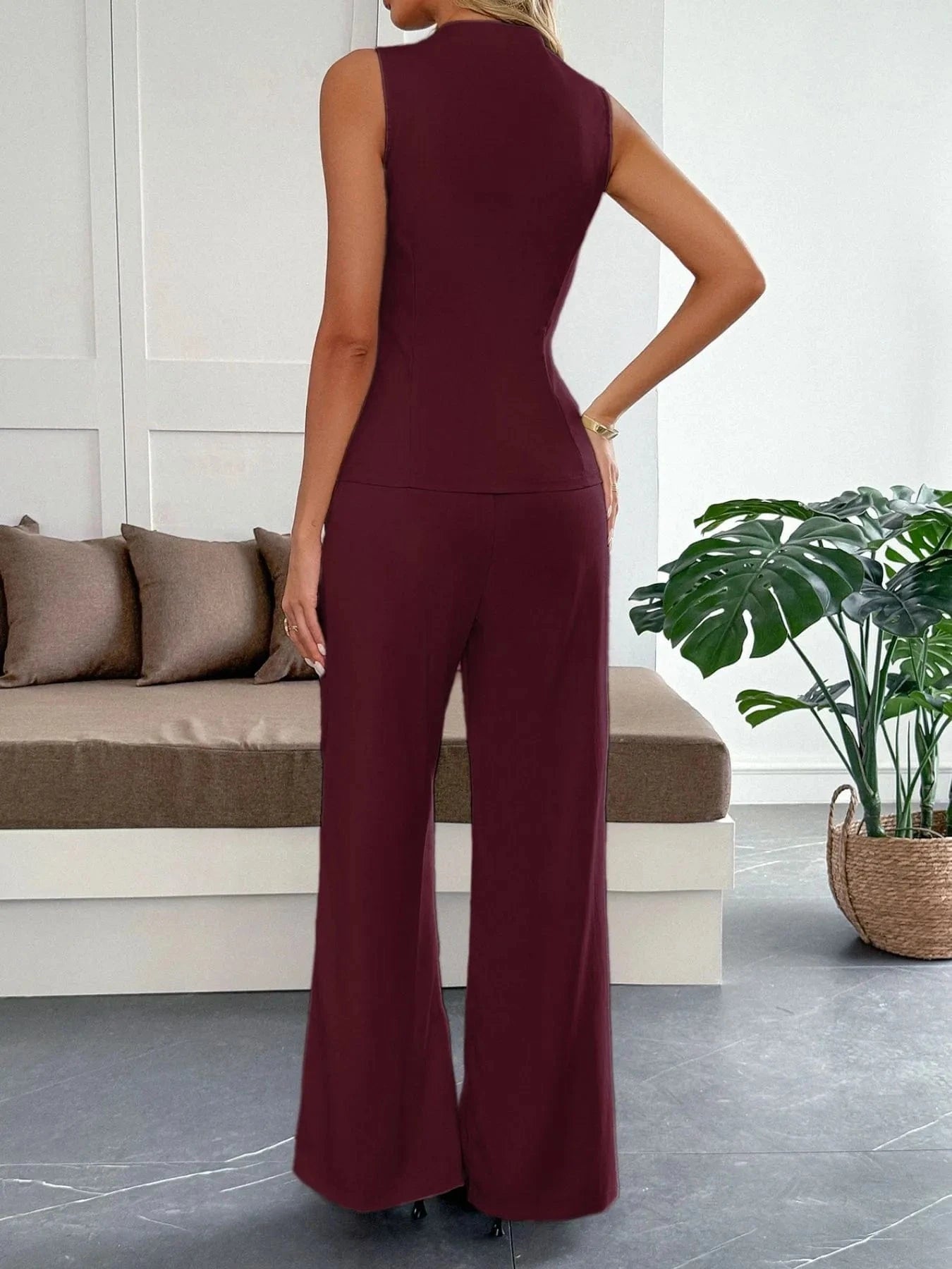V - Neck Vest and Pants Set - ShalayeFashion