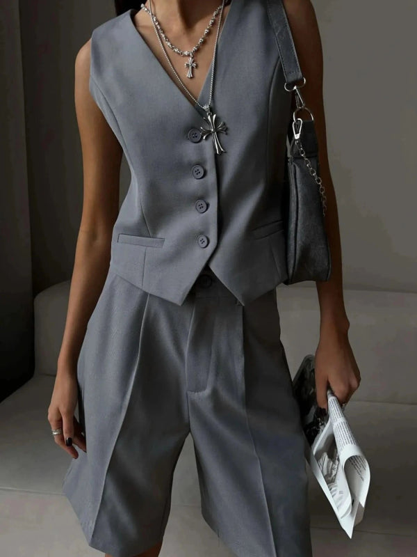 V - Neck Vest and Pants Two - Piece Blazer Set - ShalayeFashion