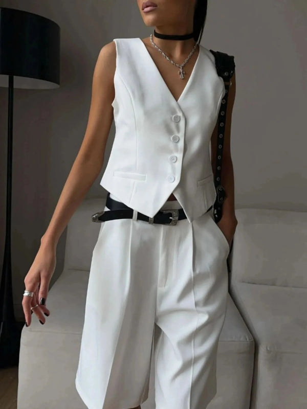 V - Neck Vest and Pants Two - Piece Blazer Set - ShalayeFashion