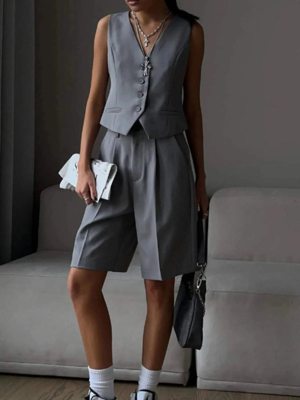 V - Neck Vest and Pants Two - Piece Blazer Set - ShalayeFashion