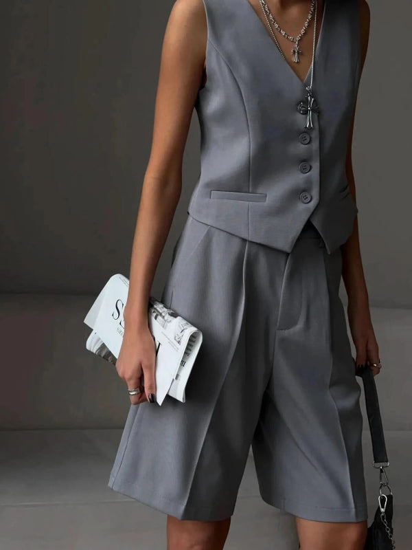 V - Neck Vest and Pants Two - Piece Blazer Set - ShalayeFashion