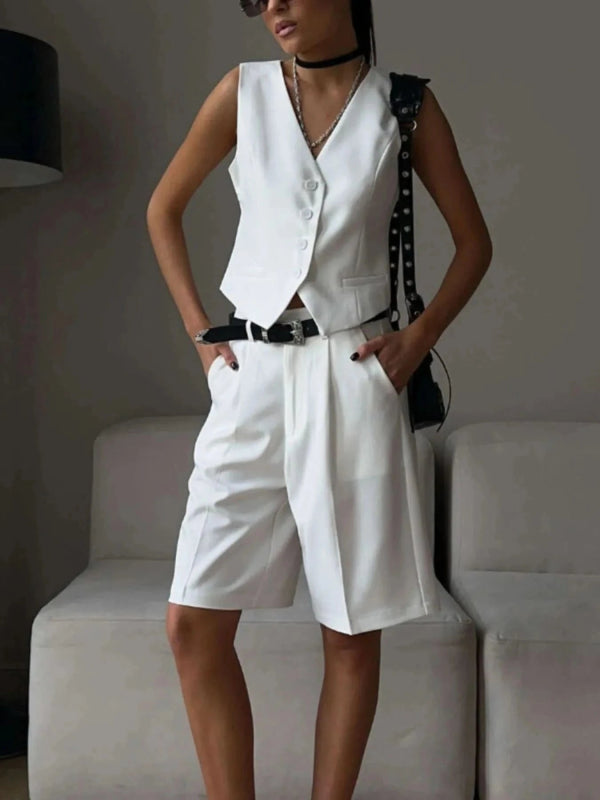 V - Neck Vest and Pants Two - Piece Blazer Set - ShalayeFashion