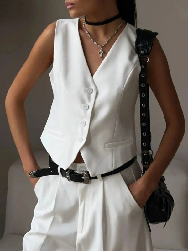 V - Neck Vest and Pants Two - Piece Blazer Set - ShalayeFashion
